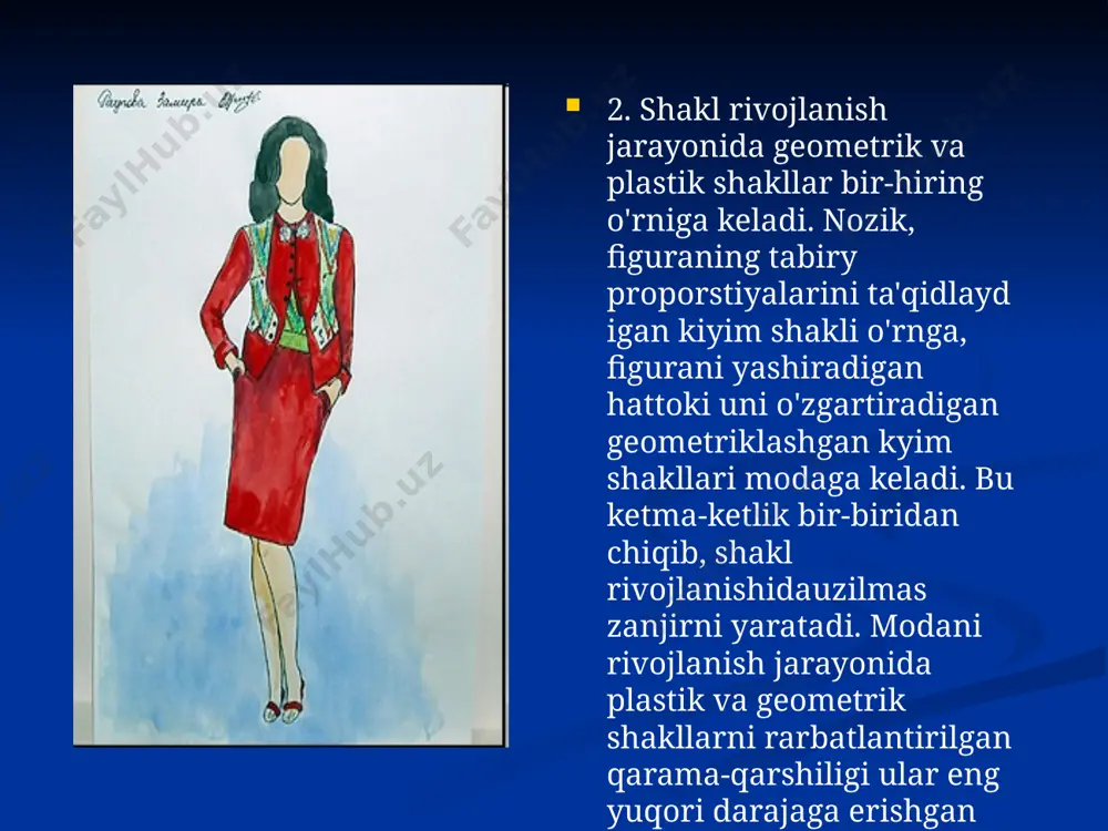 va eka holatini nazarda tutadi. ular davr estetik idealiva texnik imk on iyatlari bilan borliq.shakl muayyan vaqt mobaynida o'z uqi atrofida pulsastiya etadi, bu ho ida har bir davrdakostyumni ma'lum joy larigae'tiborberiladi. 7. mobil elementlar shakllantiruvchi bo'lto, shakhi paydo bo'lishiga, rivojlanishigava inqirozgauchrashigasabab bo' ladi.bir stiklni ichida mobil elementlarning faolligi natijasida shakhhg o'zgarishibir nechabosqichlardan iborat: - modada yangi ғоуа-shakl paydo bo'lganda, shakhi idroq etiliishhi kuchaytiradigan elementlarnhg o'zaro abqasi o'xshashlik prinstipi bo'yicha tuziladi. bu shakhi yaqqol ko'rinishiga olib keladi. kosfyumnig gorizontal va vertikal yo'nalishi bo'yicha ichki chiziqlari, dekorativ-konstruktiv echimlari va material fakturasi shakhi yaxlit idroq etilishiga sabab bo'ladi. bu bosqichda(3-4 yil) shakl murakkab vayirik detallar bilan yuklanmaydi, materiahhg tarkibi esa shakhiyaxshisaqlaydivasilliq xiraeffektlibo'ladi; . - modani key ingibosqichida (3-4 yil) kosryum elementlarnhg o'zaro aloqasi kontrast prinstipi bo'yicha tuziladi. rivojlanayolgan roya-shakl tasdiqlanadi va murakkab konstrutiv-dekorativ chiziqlar va naqshlar bilan to'ldiriladi. kontrast bezakli detallar va har xil fakturali material birikmalari shaklda qo'llanadi. materiahhg tarkibi qalhlashadi …