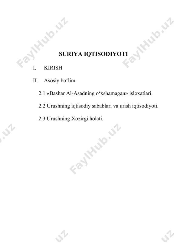 rta dengiz havzasiga mansub boʻlgan osi daryosi va shimolda hims koʻli bor. platoda boʻz tuproqli qumloqqumoq choʻllar, janubda toshloqshagʻalli hamada anchagina maydonni egallagan. pasttekisliklarda shoʻrxok yerlar uchraydi. sharqiy tavr togʻ oldi boʻz jigar rang va jigar rang tuproqdan iborat, dengiz boʻyida sariq tuproq, balandlashgan sari tog jigar rang va togʻoʻrmon tuproqli yerlar boshlanadi. ansoriya togʻining sharqiy yon bagʻrida togʻ dashtlari uchraydi. sohil va togʻ yon bagʻirlaridagi oʻrmonlarda eman, qaragʻay, sarv daraxtlari oʻsadi, lavr butazorlari bor. hayvonot dunyosi sirtlon, boʻri, chiyaboʻri, qoraquloq, jayran, yovvoyi eshak (onagr), kemiruvchi va sudraluvchilar, togʻlarda suriya ayigʻi, toʻngʻiz, oʻrmon mushugi va boshqalardan iborat. suriya – agrarindustrial mamlakat. yalpi ichki maqsulotda qishloq xoʻjaligi.ning ulushi 26%, sanoatning ulushi 21%, xizmat koʻrsatish bu sohasining ulushi 53%. qishloq xoʻjaligida mehnatga layoqatli aholining 50%ga yaqini shugʻullanadi. 3,7 mln. gektar yerda dehqonchilik qilinadi, shundan 500 ming ga sugʻoriladi. asosiy qishloq xoʻjaligi. ekinlari: bugʻdoy, arpa, paxta, tamaki, qand lavlagi; sholi, yer yongʻoq, sabzavot, …