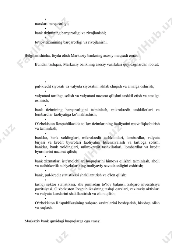 an shug‘ullanish; · uchinchi shaxslarga, shu jumladan o‘zbekiston respublikasi hukumatining majburiyatlari bo‘yicha kafolatlar berish; · banklar va boshqa yuridik shaxslarning kapitalida ishtirok etish, bunda valyuta birjasi kapitallaridagi ishtirok etish istisnodir. markaziy bank o‘zbekiston respublikasi prezidentiga va o‘zbekiston respublikasi oliy majlisi senatiga hisobot beradi. oliy majlis senati o‘zbekiston respublikasi prezidentining taqdimnomasiga binoan markaziy bank raisini lavozimga tayinlaydi va lavozimidan ozod qiladi; yillik hisobotni, shuningdek auditor xulosasini ko‘rib chiqadi. markaziy bank o‘z vakolatlari doirasida qarorlarni qabul qilishda mustaqildir. davlat markaziy bankning va markaziy bankning davlatning majburiyatlari bo‘yicha, agar ular o‘zlari bunday majburiyatlarni o‘z zimmalariga olgan bo‘lmasa yoki qonun hujjatlarida boshqacha tartib nazarda tutilgan bo‘lmasa, javobgar emas. markaziy bankning auditi har yili mustaqil nazorat tashkilotlari tomonidan amalga oshiriladi. modomiki, davlat qonun yaratuvchi va ularning bajarilishini nazorat qiluvchi organ hisoblanar ekan, u moliyaviy tizimni tartibga solish bo‘yicha to‘liq javobgardir. dunyoning eng taraqqiy etgan mamlakatlaridan biri bo‘lgan aqshda ham, boshqa davlatlarda ham moliyaviy tizimni tartibga …