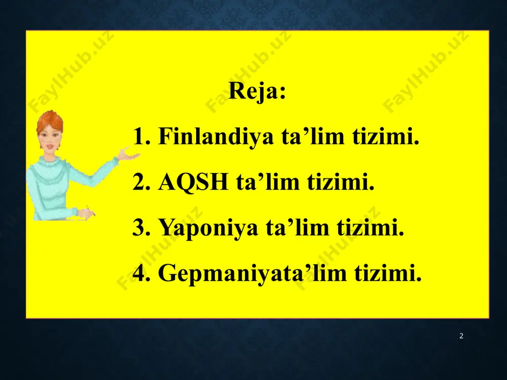 ura). aqshda majburiy ta’lim 16 yoshgacha amalga oshiriladi.o’quv yurtlari davlat, xususiy, diniy muassasalar ixtiyorida bo’lishi mumkin. aqsh ko’p millatli mamlakat. shunga ko’ra har bir millat bolalari o’z ona tilini , milliy urf odatlarini, dinini bog’chalarda o’rganadilar. 7 amerika maktablarida o’qish har bir o’quvchi uchun faxr-iftixor bo’lishiga, o’z bilimi imkoniyatiga ishonch hissini tarbiyalashga katta e’tibor beradi. o’quvchilarni maktabdan bezdirish, ularni darslarga ishtiyoqsiz va loqayd bo’lib qolishlari favqulotda salbiy holat bo’lib hisoblanadi. o’quvchilar boshlang’ich maktabni bitirganidan so’ng qo’yi (7-8-9 sinflar) o’rta maktabda o’qishni davom ettirishadi. bu maktabni muvafaqiyatli o’tganlar yuqori, o’rta (10-11-12 sinflar) maktabga qabul qilinadi. o’quvchilar ma’lum bir sinfni, kursni yoki maktabni bitirishda test sinovlari topshiradilar. 8 amerikada yaqinda qabul qilingan «2000 yilda amerikada ta’lim strategiyasi» dasturi e’lon qilindi. bunda quyidagi asosiy vazifalar belgilandi: - 2000 yilda barcha amerikalik kichkintoylarning maktabda tayyor holda qilishlari; - aholining 90% oliy ma’lumotli bo’lishi, o’quvchilarning ingliz tili, matematika, tabiiy fanlar, tarix, geografiya fanlari bo’yicha jahonga …