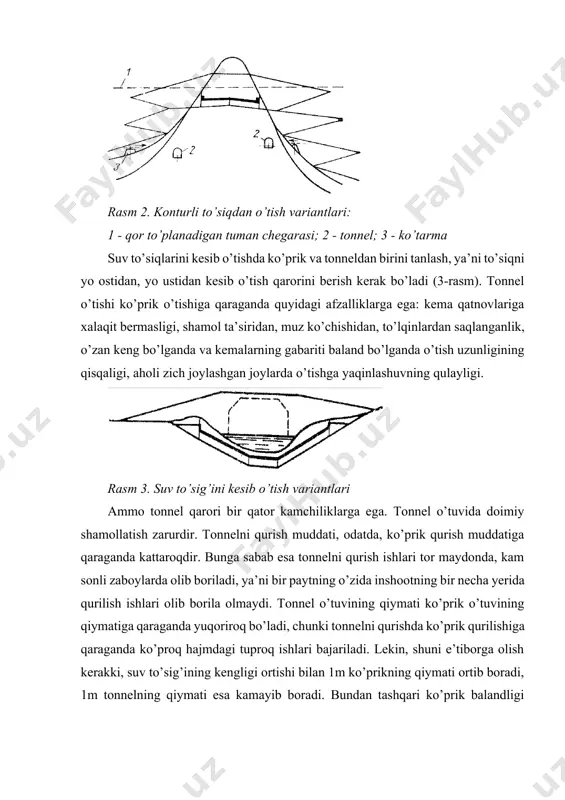 diy taqqoslash asosida amalga oshiriladi. hozirgi zamon shahar sharoitlarida aloqa yo’llarining yuk o’tkazish qobiliyatini oshirish ularni shahar ko’chalaridan tashqarida, estakadalarda yoki tonnellarda joylashtirishni talab etadi. estakada varianti bir qator kamchiliklarga ega, ya’ni yer yuzasini shahar qatnoviga xalaqit beradigan estakda tayanchlari bilan tiqilinch qilib yuborish, estakadalar bilan shahar arxitektura ansamblini buzish, uylarning ko’rinishini berkitib qo’yish, katta tezlikda harakatlanayotgan poyezdlarning shovqini, chang ko’tarilishi va hokazo. sanab o’tilgan mulohazalarni e’tiborga olib odatda tonnelning ko’chadan tashqaridagi varianti afzal ko’riladi (metropoliten, chuqurlikda joylashgan temir yo’l, chorrahalardagi avtomobil tonnellari va boshqalar). ungur - yer qatlamidagi sun’iy ravishda xosil qilingan bo’shliq bo’lib, u tonnelni joylashtirish yoki qurilishning boshqa yordamchi maqsadlari uchun mo’ljallangan. ungur tog’ jinslaridan iborat bo’lgan massivning ichiga joylashadi va keyinchalik bu jinslar qmq 2.06.05-98 bo’yicha grunt deb ataladi. joylashishiga qarab ungurning gorizontal, qiya va vertikal turlari bo’lishi mumkin. gorizontal yoki qiya ungur (4-rasm) ikki qismga, ya’ni yuqorigi kungurali kalotta (2) va pastki shtrossa (1) larga …