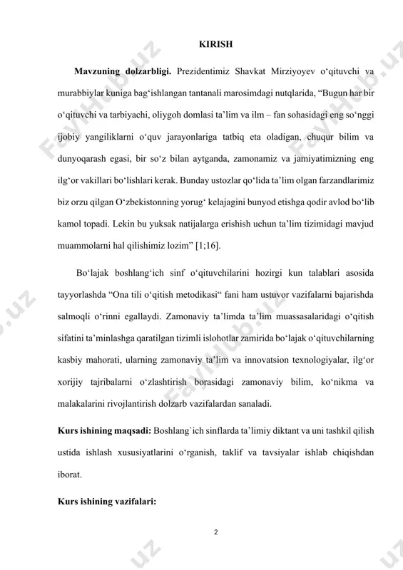 antirish dolzarb vazifalardan sanaladi. kurs ishining maqsadi: boshlang`ich sinflarda ta’limiy diktant va uni tashkil qilish ustida ishlash xususiyatlarini o‘rganish, taklif va tavsiyalar ishlab chiqishdan iborat. kurs ishining vazifalari: boshlang`ich sinflarda o`quvchilarga ta’limiy diktant o’rgatishni tushuntirishdir. boshlang`ich sinf o‘quvchilariga interfaol va didaktik metodlarda diktant va uni tashkil qilish metodikasi. didaktik o`yinlarni bajartirish metodikasi. boshlang`ich sinflarda ustida ishlashning o‘ziga xos xususiyatlarini keng tarzda yoritib berishdan iborat kurs ishining obyekti: boshlang’ich sinf ta’limiy diktant va uni tashkil qilish jarayoni ustida ishlash orqali o`quvchilar bilimini shakllantirish jarayoni. kurs ishining predmeti: boshlang’ich sinf darslarida ta’limiy diktant tashkil qilish va uni o’tkazish mazmuni, vositalari, shakl va metodlari kurs ishining tuzilishi va hajmi. kirish, ikkita bob, xulosa, foydalanilgan adabiyotlar roʻyhatidan iborat bo‘lib, asosiy matn 31 betdani tashkil qiladi i bob. didaktik o’yinlar 1.1 . boshlang’ich sinf ona tili darslarida qo’llaniladigan metodlar boshlang’ich sinflarda ona tili va o`qish savodxonligi darslari o’z mohiyati, maqsad va vazifalariga ko’ra ta’lim tizimida …
