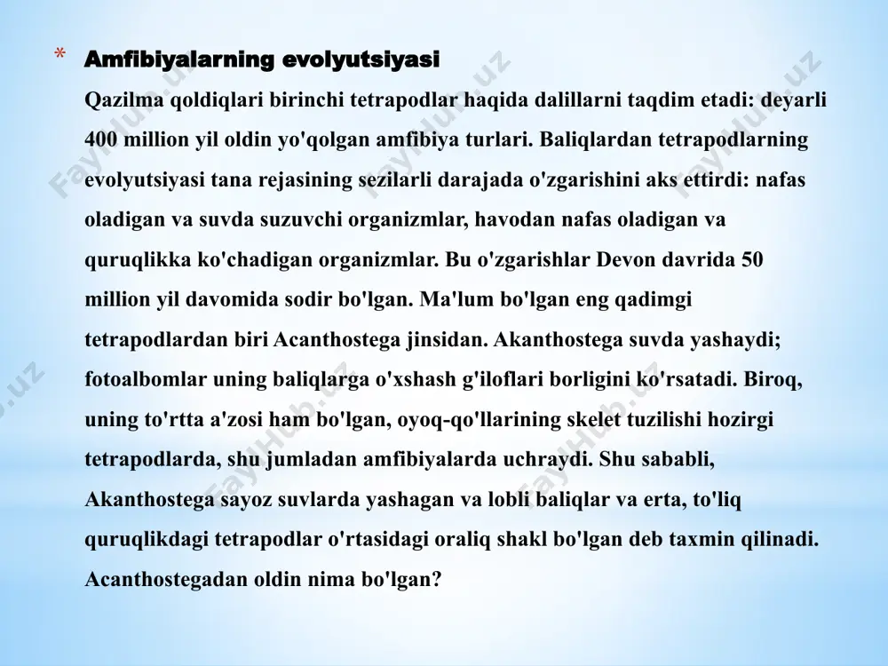 lari hammasi quruqlikda yashaydi. hidlov organlari - kuchli taraqqiy etgan. urulanish ichkarida yuz beradi. primativ xususiyatlaridan biri ular terisi ostida tangalar bo’ladi. 9 chervyagalar hashoratlar, chuvalchanglar va tuproqda yashovchi boshqa umrtqasiz hayvonlar bilan oziqlanadi. ko’payishi suvga boliq emas. suvdan tashqarida. bolasiga amxur, stelon baliq iloni tuhumini nam gavdasi bilan o’rab yotadi. chervyagalar afrikada, osiyoda, janubiy va markaziy amerikaning nuqul tropik mintaqasida yashaydi. dumsizlar turkumi – bularning 1700 tacha turi bor. bular eng yuqori tuzilgan bo’lsada, lekin tuzilishi bir-biriga o’xshash, eng ko’p tarqalgan. bular asosan quruqda hayot kechiradi, suvda yashaydiganlari 15% dan oshmaydi. image1.png image2.png image3.png image4.png /docprops/thumbnail.jpeg