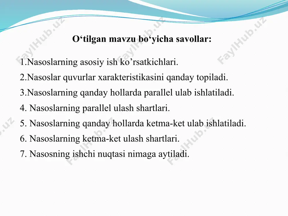 kni siqib chiqaradi. bu vaqtda ikkinchi membrana vakuum xosil qiladi va bu jarayon shu tarzda davom etadi. diofragmali nasoslar afzalliklari: 1. konstruksiyasi oddiy va ishonchli 2. reduktorlarni yo’qligi, maxkamlovchi podshibniklar va aylanuvchi qismlarini bo’lmasligi. 3. qulay o’lchamlari va yengilligi. 4. sarfni nazjrat qilishdagi oddiylik- xavo bosimini o’zgartirish bilan sarfni 0 dan maksimumgacha o’zgartirish mumkin. 5. foydalanishdagi universalligi- suv, yopishqoq suyuqliklar vatarkibida qattiq aralashmali suyuqliklarda xam ishlay veradi. kamchiliklari: membranani ishlash vaqtida cho’zilishi natijasida tez yaroqsizlanishi. klapanlarini ifloslanishi natijasida tez ishdan chiqishi. ilgarilama-qaytma nasoslarni rotorli (aylanma) nasoslar shesternyali vintli shiberli shеstеrnаli nаsоslаr - iхchаm, tuzilishi bo’yichа sоddа, аrzоn vа ishlаshi puхtа. ulаr gidrоelекtrоstаnsiyalаr mоy хo’jаligidа, qurilish vа yo’l mаshinаlаridа кеng qo’llаnilаdi. 0,22 dаn 144 m3/sоаtgаchа suyuqliк хаydоvchi vа bоsimi 0,4 dаn 2,5 mpа gаchа bo’lgаn кinеmаtiк yopishqоqligi 0,2 dаn vа хаrоrаti 250 с gаchа bo’lgаn suyuqliкlаrni хаydоvchi shеstеrnаli nаsоslаr ishlаb chiqаrilаdi. vintli nasoslar vintli nasoslar bir va ko’p vintli bo’lishlari mumkin. …