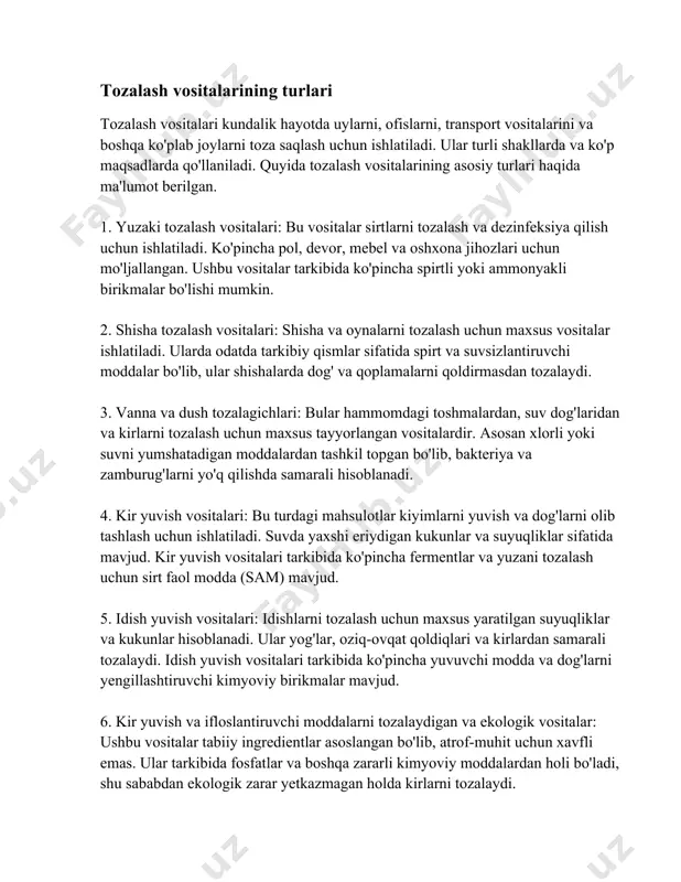 va yumshoq qoplamalar uchun maxsus tozalash vositalari bo'lib, ular gilamdagi kir, dog' va bakteriyalarni samarali tozalaydi. ular odatda ko'pikli formulalar yoki maxsus shampunlar shaklida bo'ladi. tozalash vositalari nafaqat tozalashda, balki gigiyenaga rioya qilishda ham muhim rol o'ynaydi. turli xil vositalarning samaradorligi va ekologik ta'siri haqida to'g'ri ma'lumotlarga ega bo'lish, ularni to'g'ri tanlashda muhim ahamiyatga ega bo'lib, bu sizning sog'ligingiz va atrof-muhitni himoya qilishda katta hissa qo'shadi. tozalash vositalarining turli xil turlari mavjud bo'lishi sababli, ulardan foydalanganda xavfsizlik ko'rsatmalariga amal qilish lozim. gigiyena va tozalik gigiyena va tozalik inson hayoti uchun muhim ahamiyatga ega bo'lgan masalalardir. bu sohalar inson sog'lig'ini saqlashda, kasalliklarning oldini olishda va umumiy hayot sifatini yaxshilashda katta rol o'ynaydi. quyida gigiyena va tozalik bilan bog'liq muhim ma'lumotlar va raqamlar taqdim etiladi: 1. gigiyena va tozalikning ahamiyati: gigiyena shaxsiy va jamoat sog'lig'ini saqlashda muhim hisoblanadi. ma'lumotlarga ko'ra, tasdiqlangan fakt shundaki, toza ichimlik suvi, yaxshi sanitariya va gigiyena sharoiti global …