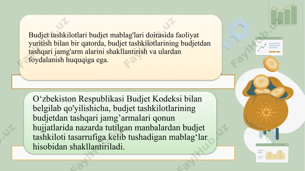 h 50 50 tibbiyot muassasalarini moddiy rag'batlantirish va rivojlantirish jamg'armasi quyidagi manbalar hisobiga shakllantiriladi: tibbiyot tashkilotiga ajratiladigan budjet m ablag'lari umumiy hajmining 5 foizigacha bo'lgan miqdorda budjetdan ajratiladigan mablag'lar; faoliyat ixtisosligi bo'yicha tovarlami (ishlarni, xizmatlarni) realizatsiya qilishdan olingan daromadlar; hisobot choragining so'nggi ish kuni oxirida xarajatlar smetasi bo'yicha tejalgan mablag'lar, bundan kapital qo'yilmalari moliyalashtirish uchun nazarda tutilgan mablag'lar mustasno; tibbiyot tashkiloti balansida turgan mol-mulkni ijaraga berishdan olingan mablag’larning bir qismi; belgilangan tartibda budjet tashkilotlari tasarrufida qoldiriladigan mablag'lar; homiylikdan olingan mablag'lar. budjet tashkilotini rivojlantirish jamg'armasi hamda tibbiyot muassasalarini moddiy rag'batlantirish va rivojlantirish jamg'armasi mablag'lari faqat: - avvalo , vaqtincha mehnatga layoqatsizlik bo'yicha nafaqalami va mavjud kreditorlik qarzlarini to'lashga; - budjet tashkilotining moddiy-texnika bazasini mustahkamlash tadbirlariga; - ijtimoiy rivojlantirish va budjet tashkilotlarining xodimlarini moddiy rag'batlantirish tadbirlariga sarflanadi budjet tashkilotini rivojlantirish jamg'armasining qolgan mablag'lari (homiylik yordami, beg'araz yordam miqdori bundan mustasno): - tushgan barcha mablag’laming kamida 75 foizi tovarlar (ishlar, xizmatlar) ishlab chiqarish …