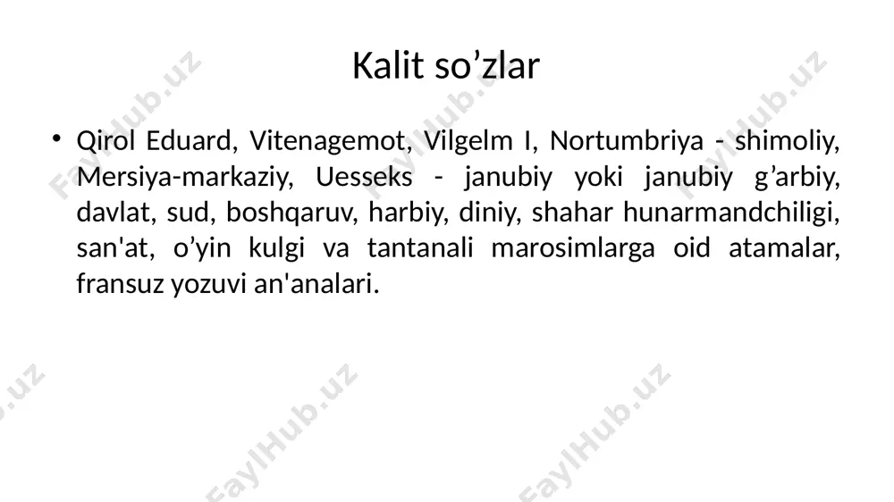 zlashgan. german so’zlari fransuz tili leksikasiga eramizning vi asrlarida fransiyaning galliya xududida yashagan burgund, frank, vestgot qabilalari tilidan o’zlashgan. keltlardan kelib chiqqan galliya aholisi galliyani bosib olgandan so’ng ular eramizning i asrigacha lotin tilida so’zlashgan. gallar o’z madaniyati va tilini shu tariqa saqlab qolgan. shunday qilib, german so’zlari fransuz tilida saqlangan. normandlar istilosi davrida esa german tillaridan fransuz tiliga oldin o’zlashgan so’zlar fransuzcha shaklda ingliz tiliga o’zlashgan. masalan, german tilidagi marashkalk so’zi fransuz tiliga marshal va istilo davrida marshal sifatida o’tgan. normand so’zlari parij dialektidan farq qilib, istilo davrida asosan ingliz tiliga normand tilidan so’z o’zlashgan. masalan: parij normand parijdan inglizga normanddan chassier cachier chase catch chattel catel chattel cattle jardian garden garden normandlar o’zlari bilan fransuz tilining shimoliy normand dialektini olib kirishdi. keyinchalik ushbu dialektning ingliz tili bilan chatishib ketishi natijasida anglo-normand dialekti muloqot tili bo’lib qoldi. bu dialekt xiv asrning oxirigacha o’z vazifasni bajarib, so’ng izsiz yo’qolgan. mamlakatda …