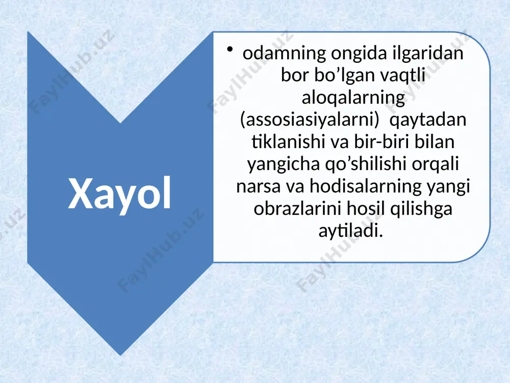 jodiy xayol – deb tajribamizda bo‘lmagan va voqelikning o‘zida ham uchratmagan narsa va hodisalar haqida tasavvur hamda obrazlar yaratishdan iborat xayol turiga aytiladi. ixtiyorsiz xayol deb – odam o‘zining oldiga hech qanday maqsad qo‘ymasdan, irodani ishga solmasdan, qandaydir o‘z-o‘ziga obraz va tasavvurlarni yaratishiga aytiladi. ixtiyoriy xayol deb oldindan belgilangan maqsad asosida iroda kuchini ishga solib muayyan obraz va tasavvurlarni yaratishga aytiladi. realistik xayol – turida voqelik aks ettiriladi, orzular amalga oshadi. fantastik xayol – amalga oshmaydigan xayol turidir xayol sifatlariga quyidagilar kiradi: xayoli kengligi, mazmundorligi, kuchi realligi, fantaziya boyligi xayol kengligi voqelikning kishilar faoliyati uchun bo‘ladigan doirasi bilan belgilanadi. xayolning unumdorligi biror narsaga nisbatan xayolning boyligi, xilma-xilligi bilan belgilanadi. kuchli xayolda odam juda tez ta’sirlanadi . xayol kuchi quyidagilarga bog‘liq bo‘ladi: xayol kuchi ehtiyoj, qiziqish, istaklarning kuchiga bog‘liq bo‘ladi xayol kuchi hissiyotga bog‘liq bo‘ladi, hissiyot qanchalik kuchli bo‘lsa, xayol shunchalik erkin bo‘ladi xayol kuchi idrokka bog‘liq bo‘ladi. biz idrok qilganimizda …