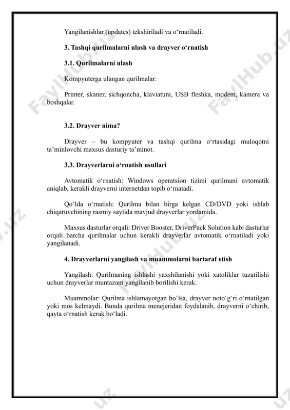 r booster, driverpack solution kabi dasturlar orqali barcha qurilmalar uchun kerakli drayverlar avtomatik o‘rnatiladi yoki yangilanadi. 4. drayverlarni yangilash va muammolarni bartaraf etish yangilash: qurilmaning ishlashi yaxshilanishi yoki xatoliklar tuzatilishi uchun drayverlar muntazam yangilanib borilishi kerak. muammolar: qurilma ishlamayotgan bo‘lsa, drayver noto‘g‘ri o‘rnatilgan yoki mos kelmaydi. bunda qurilma menejeridan foydalanib, drayverni o‘chirib, qayta o‘rnatish kerak bo‘ladi.