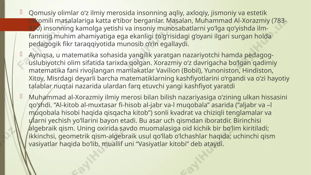 i hal etadi, deduktsiya yo‘li bilan umumiy usullar yordamida xususiy masalalarni yechadi. “aljabr va-lmuqobala” asari bilan ham matematika fanini rivojlantirib, o‘zidan avvalgi bilimlarni o‘rgandi va ularni sintezlashtirdi hamda amalda qo‘llash usullarini bayon etdi. muhammad al-xorazmiy arifmetikaning algoritmlari bo‘lgan qo‘shish, ayirish, bo‘lish hamda ko‘paytirish qoidalarini yaratgan. shuningdek, turli “jins”dagi sonlarni ko‘paytirish algoritmini ham bergan. masalan, minut va sekundlarni bir-biriga ko‘paytirish uchun, avvalo bir xil shaklga keltirish, yahni, sekund yoki minutga aylantirish maqsadga muvofiq ekanligini ko‘rsatgan. maxsus bobda kasr va ildizdan chiqarish amallarining mohiyatini bayon etgan. muhammad al-xorazmiy o‘zining falakiyotga doir ishlarida hindlarning falakiyot jadvallarini tahlil etib, “xorazmiy ziji” nomi bilan mashhur astronomik jadvallar tuzdi. ma’lumotlarga ko‘ra viii-xv asrlarda hammasi bo‘lib, yuztacha zij (trigonometriya va falakiyotga oid) jadvallar mavjud bo‘lgan. bu zijlar orasida boshqa olimlar bilan birga muhammad al-xorazmiy tuzgan zijlar ham bor edi. bu kitob ham bir necha asrlar bu soha olimlariga qiziqish uyg‘otadi va 1126 yilda latinchaga tarjima qilinadi. arab …