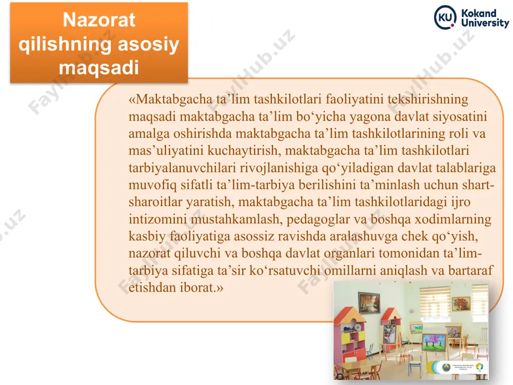 aliyot rahbari oldida hisobot berish). tekshirish yakunlari bo'yicha ma'lumotnoma yoki akt tuzish; maktabgacha ta’limni tashkil etish va uni rivojlantirishda ijobiy natijalari tajribalarini aniqlash, ularni amalda tatbiq etish yo'llarin ishlab chiqish, tavsiyanomalar ishlab chiqish; aniqlangan kamchiliklarni tahlil qilish, ularni yo'qotish uchun ko'rsatmalar, amalda yordam berish. jamoada muhokama qilish; nazorat qilishning asosiy usul va uslublari add your text add your text nazorat pedagogik va moliyaviy, xo'jalik ish hujjatlarni o'rganish va tahlil qilish; bolalar hayotini uyushtirish mashg'ulotlari, kun tartibining turli jarayonlarini kuzatish va tahlil; direktor, tarbiyachilar, ota-onalar va bolalar bilan (ularniig bilimi, ongi, nutqining rivojlanishini aniqlash maqsadida) suhbatlashish; « pedagogik kengash», «ishlab chiqarish majlislarida», ota-onalar kengashlarida ishtirok etish; jamoat tashkilotlari vakillari bilan suhbatlashishdan iborat. bolalar ishlarini tahlil qilish: nazorat kuzatish tematik nazorat frontal yalpi tahlil muntazam va tizimli ta’sir shaxsni shakllantirish ijtimoiy ongini yo’ naltirish dunyoqarashini shakillantirish frontal-yalpi tekshirishi tashkilotning kadrlar tarkibi, maktabgacha ta'lim dasturi talablarini bajarilishi, mudira va metodistning ta'lim-tarbiyaviy va metodik, …