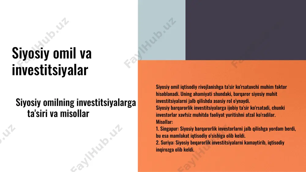 rtasida investitsiya oqimlari iqtisodiy aloqalarni kuchaytiradi. bu oqimlar iqtisodiy o'sishga hissa qo'shish bilan birga, siyosiy barqarorlikni ta'minlashga yordam beradi. investitsiyalar ijtimoiy barqarorlikni oshiradi va davlatlar o'rtasida ishonchni kuchaytiradi. xalqaro investitsiyalar uchun barqaror siyosiy sharoit davlatlar o'rtasida investitsiya oqimlari siyosiy barqarorlikni o'lchash metodlari siyosiy barqarorlikni baholashda muhim omillar siyosiy barqarorlikni o'lchash uchun asosiy ko'rsatkichlar quyidagilarni o'z ichiga oladi: 1. siyosiy ijtimoiy barqarorlik indeksi - davlatdagi ijtimoiy muammolar va norozilik darajasini baholaydi. 2. iqtisodiy barqarorlik ko'rsatkichlari - iqtisodiy o'sish, inflyatsiya va ishsizlik darajasini o'z ichiga oladi. 3. xalqaro investitsiyalar statistikasi - mamlakatga jalb qilingan investitsiyalarni va ularning ta'sirini o'lchaydi. 4. siyosiy risk indeksi - davlatning siyosiy barqarorligini baholash uchun xalqaro tashkilotlar tomonidan ishlab chiqilgan ko'rsatkichdir. ushbu o'lchovlar amaliyotda davlat siyosatini shakllantirishda va investitsiya muhitini yaxshilashda muhim rol o'ynaydi. masalan, ularning natijalari hukumat qarorlarini qabul qilishda va xorijiy investitsiyalarni jalb qilishda qo'llaniladi. texnologik innovatsiyalar va investitsiya imkoniyatlari texnologik innovatsiyalar, yangi mahsulot, xizmat yoki …