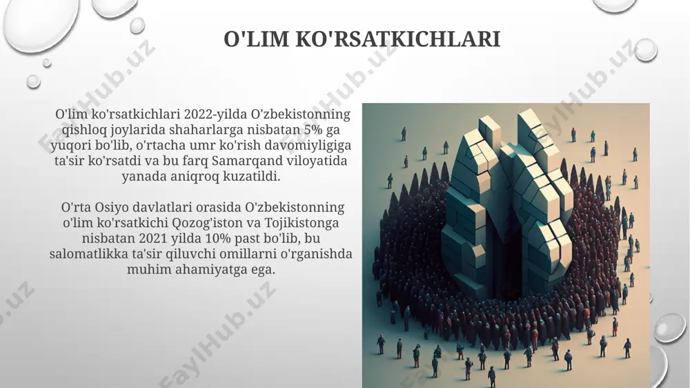 tligi, ayniqsa, ona va bola o'limi darajasi, shuningdek, 15-49 yosh oralig'idagi ayollarning tug'ish qobiliyati muhim rol o'ynaydi. misol uchun, 2010-yilda bu ko'rsatkich 3.0 edi. tug'ilish ko'rsatkichlari 2022-yilda toshkent shahrida tug'ilish ko'rsatkichi 1000 kishiga 15,7 ni tashkil etdi, bu o'zbekiston bo'yicha o'rtacha ko'rsatkichdan yuqori. bu, shahar aholisining yosh tuzilishi va migratsiya oqimlarini aks ettiradi. namangan viloyatida tug'ilish darajasi 2021 yilda 20 ga yaqinlashdi, bu respublika bo'yicha eng yuqori ko'rsatkichlardan biri hisoblanadi. bu yuqori ko'rsatkichga qishloq joylarda yashovchi aholining yuqori unumdorligi sabab bo'lgan. sotsio-iqtisodiy xususiyatlari samarqand viloyatida o'rtacha yillik daromad milliy o'rtacha ko'rsatkichdan 15% past bo'lib, bu qishloq xo'jaligiga bog'liq bo'lgan aholining yuqori ulushi va ishsizlik darajasining yuqoriligi bilan bog'liq. 2021-yilgi ma'lumotlarga ko'ra, toshkent shahrida aholining 70% dan ortig'i shahar aholisi hisoblanadi, bu esa yuqori zichlikdagi aholi punkti va ko'p qavatli binolarning ko'pligi bilan izohlanadi. migratsiya jarayonlari 2022 йилда тошкент шаҳрига ўзбекистоннинг бошқа ҳудудларидан 150 000 дан ортиқ мигрант келган бўлиб, бу …