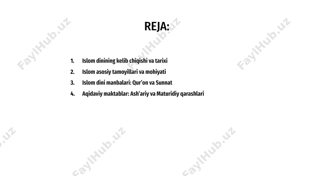 olot dini hisoblanadi. 1 islom manbalari qur’on, sunnat, ijmo’, qiyosdan iborat bo‘lib, musulmonlar hayotining asosi va shariat qonunlarining negizini tashkil etadi. 3 ash’ariy hamda maturidiy aqidaviy maktablar islom e’tiqodini aqlli va dalil asosida tushuntirib, musulmonlar orasida keng tarqalgan ilmiy yo‘nalishlardir. 2 fiqhiy maktablar: hanafiya, shofe’iy va boshqalar a islom dini vii asrda arabiston yarimorolida payg‘ambar muhammad (s.a.v.) orqali vahiy yo‘li bilan paydo bo‘lib, tez tarqaldi va rivojlandi. b asosiy manbalari qur’on va hadis bo‘lib, ular aqidaviy va fiqhiy maktablarga asos bo‘ladi. tarixiy rivojda ilmu-marifat kuchaydi. c islom iqtisodiy munosabatlarga halol-harom mezonini joriy qildi. hanafiya, shofe’iy va boshqa fiqhiy maktablar huquqiy yondashuvlarni ishlab chiqdi. islom dini vii asrda arabiston yarimorolida muhammad payg'ambar tomonidan yoyilgan bo‘lib, tez orada keng hududlarga tarqaldi va taraqqiy topdi. islom dinining asosiy manbalari qur’on va hadis bo‘lib, aqidaviy maktablar ash’ariy, moturidiy, fiqhiy maktablar esa hanafiy, shofeiy kabi yo‘nalishlardir. islom qadriyatlari va axloqiy tamoyillari islom iqtisodiy munosabatlarda halollik, …