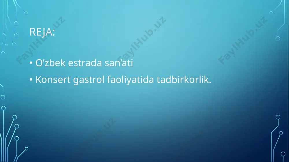 ish imkoniyatiga ega bo'lishdi. nafaqat toshkentda, balki o'zbekistonning boshqa shaharlarida - samarqand, buxoro, qo'qon, farg'ona va boshqalarda. ularning estrada orkestrlari uyushtirilgan. ular xorijiy va mahalliy bastakorlarning asarlarini ijro etishdi, estrada guruhlariga o'zbek xalq kuylarini qayta ishlashga birinchi urinishlarni qilishdi. respublikadagi barcha estrada orkestrlari o'z shaharlari va viloyatlarida juda yaxshi ish qilishdi, mahalliy va xorijiy estrada musiqalarini ijro etishdi. urush yillarida xushchaqchaq estrada asarlar uchun jonkuyarlik va kelgusi g'alabaga ishonchni uyg'otadigan musiqiy qurolga aylandi. 1946 1946 yilda guruhlarning bir qismi uz davlat nomli mustaqil kontsert tashkilotiga birlashgan o'zbekiston davlat filarmoniyasidan ajralib chiqdi. gos. estrada, bu respublikada estrada san'atini yanada rivojlantirishga yordam berdi. ular tomonidan ijro etilgan asarlar janrlarining o'ziga xos xususiyati: qo'shiq, badiiy so'z, hazil, satira, "cholg'u musiqasi, asl janr va boshqalar. ushbu estrada guruhlari respublikaning ko'plab shahar va qishloqlarida gastrollarni namoyish etishdi. kasbiy faoliyati turli kinoteatrlarning kontsert maydonlarida bo'lib o'tdi, shuningdek restoranlarda va madaniyat va istirohat bog'larida, zal va raqs …