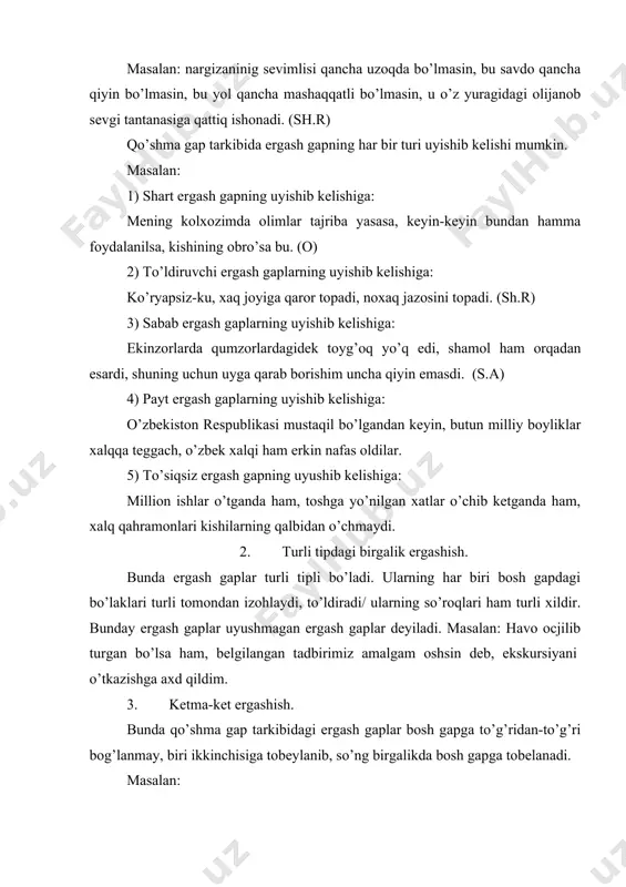 talarsiz tuzilgan murakkab qoshma gap o’z tarkibidagi soda gaplarning o’zaro bog’lanish usuli, sodda gaplarning tuzilishi va semantik munosabati jihatdan qo’shma gapdan farq qilmaydi. faqat soda gaplarning o’zaro munosabati murakkabroq bo’ladi. masalan: bir tomonda qo’ylar so’yildi, =ozon osildi, tandirlar qizidi, sermoy sho’rva, issiq zog’ara tayyor qilindi. (s.a) 5. aralash murakkab qo’shma gap. aralash murakkab qo’shma gap bir necha ko’rinishga ega. 1. bog’lanish va ergashish yo’li bilan tuzilgan murakkab qo’shma gap. masalan: bahor keldi, ammo havo hali ancha sovuq edi, chunki bu yil qish bir oz cho’zilib ketdi. 2. bog’lanish yo’li bilan va bog’lovchisiz munosabatga kiritish yo’li bilan tuzilgan murakkab qo’shma gap. bunday aralash gaplarda sodda gaplarning o’zaro munosabatli turlicha bo’ladi. masalan: tuproq semiz, suv yaxshi, havosi ochiq, quyosh esa yil bo’yi bu erga oshiq. (sh). bunda 1,2,3 –gaplar o’zaro intonatsiya, to’rtinchisi bilan esa bog’lovchisi yordamida bog’langan. bularda solishtirish munosabati ifoda qilingan. har uch munosabat: bog’lanish yo’li bilan, ergashish yoli bilan va …
