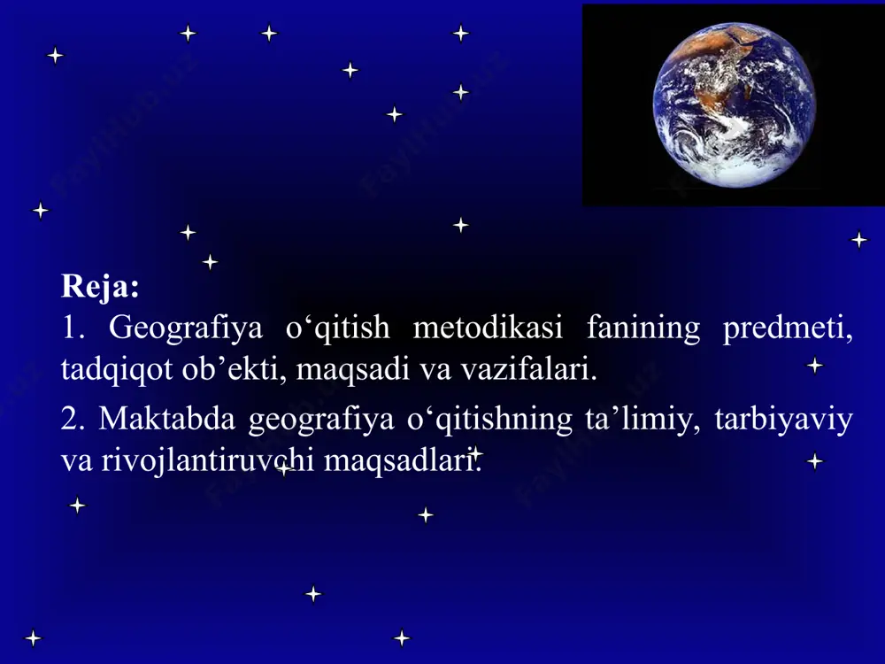 imiy va tarbiyaviy maqsadlari, geografiya ta’limining mazmuni, geografiya o‘qitishning shakl va usullari, ta’lim jarayonida geografiya o‘qitish vositalari (dasturlar, darsliklar, atlas haritalar, o‘quvchi va o‘qituvchilar uchun ilmiy metodik qo‘llanmalar va boshqalarni yaratish), o‘quvchilarning o‘quv materiallarini o‘zlashtirishlari, ta’lim jarayonida o‘quvchilar fikrlashining rivojlanishi va boshqalar bilan bog‘liq vazifalarni hal qiladi. * geografiya ta’limi metodikasi: o‘qitish maqsadi «geografiyani nima uchun o‘qitamiz?»; geografiya ta’limi mazmunini (nimani o‘qitamiz?); geografiya ta’limi vositalarini (nimalar yordamida o‘qitamiz?); o‘qitishning shakl va usullarini (qanday o‘qitamiz?) kabi muammolarni tadqiq qiladi. geografiya o‘qitish metodikasi fanining vazifalari: - maktab geografiya kurslarining sinflar bo‘yicha maqsadi, mazmuni va ahamiyatini belgilash va mazmunini takomillashtirish, o‘quvchilarning yosh xususiyatlarini hisobga olgan holda geografiya fanidagi asosiy g‘oya, fakt tushuncha va qonuniyatlarni ajratib olish; - o‘quvchilarning yosh xususiyatlarini hisobga olgan holda tanlab olingan bilmlarni o‘zlashtirishga imkon beradigan ta’lim usullarni aniqlash; - geografiyaga oid ma’lumotlar asosida o‘quvchilarda voqea va hodisalarga nisbatan dunyoqarash shakllantirish ularni milliy qadriyatlar va vatanparvarlik ruhida tarbiyalash yo‘llarini ko‘rsatib …