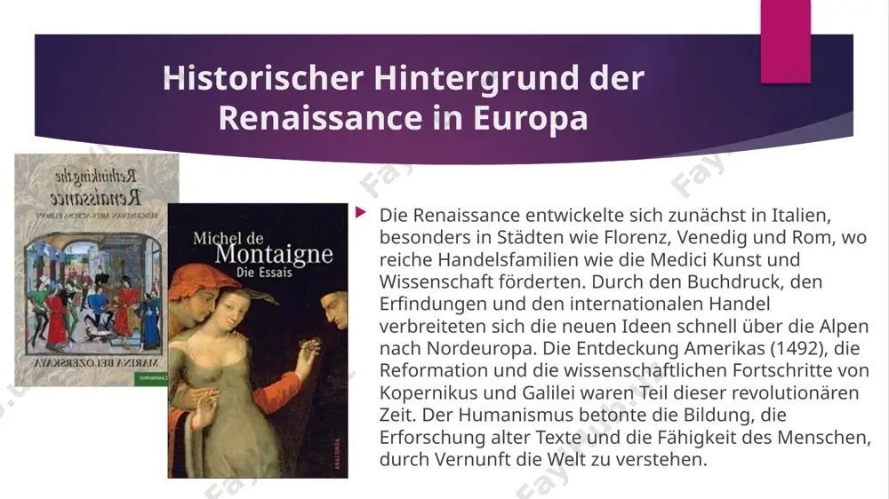 on bildung und literatur. seine schriften, predigten und lieder beeinflussten das literarische und kulturelle leben deutschlands nachhaltig. durch luther wurde das lesen und schreiben für breite bevölkerungsschichten zugänglich, was zur entwicklung einer nationalen literatur beitrug. renaissance-drama und lyrik in deutschland das deutsche drama der renaissance entwickelte sich unter einfluss englischer und italienischer vorbilder. hans sachs, ein meistersinger aus nürnberg, schrieb zahlreiche fastnachtsspiele und dramen, die volkstümliche themen mit moralischer belehrung verbanden. seine werke zeigen die verbindung von reformation, humanismus und bürgerkultur. in der lyrik erlebte die deutsche sprache eine neue blüte. dichter wie paul fleming und georg sabinus verarbeiteten themen der liebe, natur und vergänglichkeit mit kunstvoller form. diese neue literatur zeigte ein stärkeres interesse am individuum, an der menschlichen erfahrung und an der schönheit der sprache selbst. schlussfolgerung die renaissance war für deutschland eine zeit des geistigen erwachens und der kulturellen erneuerung. sie führte zur entstehung der modernen deutschen …