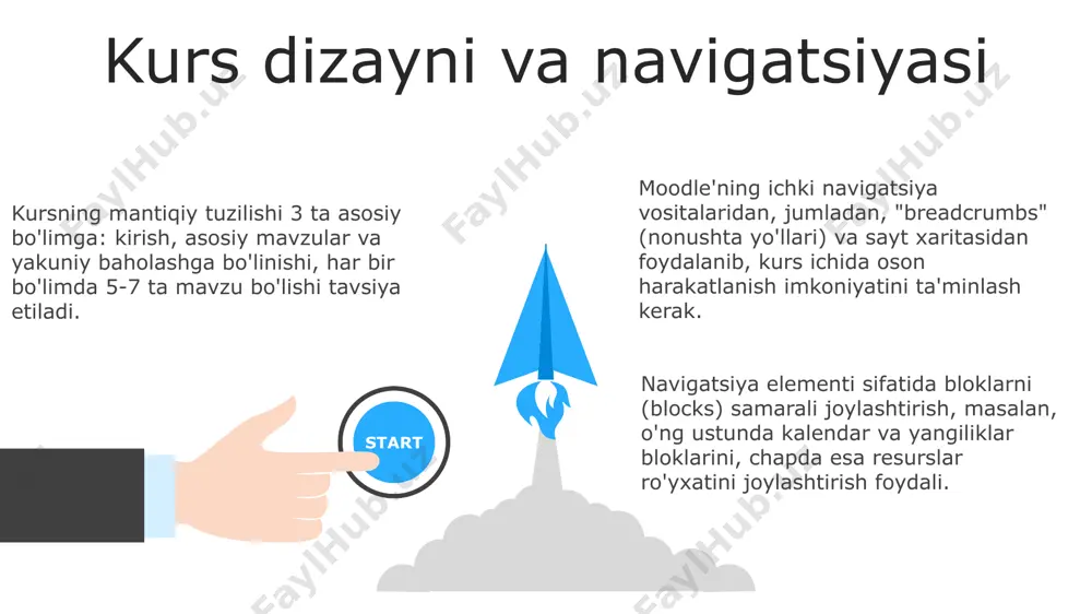 'da 3 ta turli xil faollik turi (masalan, vikilar, forumlar, topshiriqlar) qo'shish va har biriga 10 balldan baholash mezonlarini belgilash mumkin. faolliklarni guruhlarga bo'lish orqali talabalarni 2-3 kishilik guruhlarga ajratish va hamkorlikdagi ishlarni tashkil qilish mumkin. har bir faollik uchun muddatlarni (masalan, topshiriq topshirish muddati - 7 kun) va ishtirokchilar sonini cheklash imkoniyati mavjud bo'lib, bu kurs samaradorligini oshiradi. resurslarni qo'shish va boshqarish kursga qo'shilgan 50 mb dan katta fayllarni siqib, keyin yuklash tavsiya etiladi, bu yuklash tezligini va server yuklamasini kamaytiradi. har bir resurs uchun meta-ma'lumotlarni, masalan, muallif, kalit so'zlar va litsenziya ma'lumotlarini kiritish, kurs tarkibini to'liq qidiruv mumkinligini yaxshilaydi. moodle’da 3 xil resurs turi mavjud: fayllar, veb-sahifalar va veb-saytlar, ularni kursga qo'shish va ularning ko'rinishini 20 ta parametr orqali sozlash mumkin. ishtirokchilarni boshqarish ishtirokchilar guruhlariga bo'lish orqali 5tadan ortiq kichik guruhlar yaratish mumkin va har bir guruhga turli vazifalar yuklash orqali o'quv jarayonini diversifikatsiya qilish mumkin. moodle'da 20 …