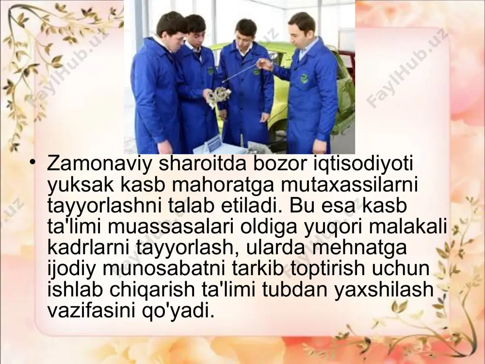 iladi yoki talabalarning kitob bilan mustaqil ishlashini tashkil qiladi. birinchi holda u turli xil narsalarni ko'rsatish bilan qo'shib olib boriladigan hikoya, tushuntirish, ma'ruza yoki suhbat metodidan foydalanishi mumkin. agar darsda talabalarda amaliy ko'nikmalar hosil qilinishi kerak bo'lsa, buning uchun mashq qilish metodi qo'llaniladi. ikkinchidan, o'rganiladigan fanning mazmuni va darsning konkret materialiga bog'liq bo'ladi. masalan, "tikuvchilik texnologiyasi" fanida o'rganish kiyimga ishlov berishda bir xil metodlar,ishlab chiqarish ta'limi darslarida esa butunlay boshqa metodlar qo'llaniladi. ayrim hollarda o'rganilayotgan texnologik jarayonlarni talabalar bevosita kuzatishlari mumkin. shuning uchun o'qituvchi bu kuzatishni tajribalarda yoki mehnat faoliyati jarayonida tashkil etadi. agar ularni bevosita kuzatish mumkin bo'lmasa, o'qituvchi turli xil ko'rsatmali qurollarni namoyish qilishdan foydalanadi. uchinchidan, talabalarning ilgarigi tayyorgarlik darajasiga va shaxsiy tajribasiga bog'liq. agar yangi material talabalarga butunlay notanish bo'lsa, o'qituvchi buni o'zi bayon qiladi, buni ko'rsatmali qurollar va tajribalarni ko'rsatish bilan qo'shib olib boradi. nihoyat, ma'lum bir o'qitish metodini tanlash asbob-uskunalar, ko'rsatmali qurollar va o'quv jarayonining …