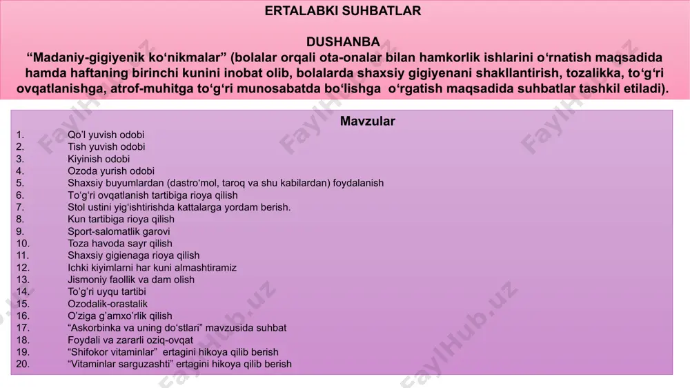 ka-uka, opa-singillarga hurmat 6. alla qo‘shig‘i 7. tug‘ilgan kun 8. qiz bolalarga xos fazilatlar 9. o‘g‘il bolalarga xos fazilatlar 10. tozalik - bu salomatlik 11. mehnatsevarlik 12. ota-onamga yordamchiman 13. kiyinish odobi 14. dasturxon odobi 15. shirinso‘z bo‘lish 16. mehmonga borish odobi 17. mehmon kutish odobi 18. navro‘z bayrami 19. hashar 20. 9-may- xotira va qadrlash kuni 21. tejamkorlik- yaxshi odat 22. suv muqaddasdir 23. ozodalik-orastalik 24. oilaviy tadbirkorlik 25. kitob bizning do‘stimiz masalan; 1-mavzu: “odob salomdan boshlanadi” bolalarda kattalarga va tengdoshlariga nisbatan samimiy munosabatda bo‘lish malakasini shakllantirish. kattalarga assalomu-alaykum degan so‘zni to‘g‘ri va to‘liq aytib salomlashishga o‘rgatish. bolalarga “assalomu alaykum”-senga salomatlik tilayman, degan ma’noni anglatsa “vaalaykum assalom” -“sizga ham salomatlik tilayman” ekanligini tushuntirish. o‘zbek milliy qadriyat-o‘zbekona milliy salomlashishning o‘ziga xosligi: tabassum, ochiq chehra samimiy mehr bilan bir-biriga boqish, “assalomu alaykum” deb salomlashganda ochiq chehralik va tabassum bilan salom beruvchi, alik oluvchilarning tovushlari bir-birlariga eshitarli bo‘lishi kerakligini tushuntirish. salom-alikning mohiyatini …
