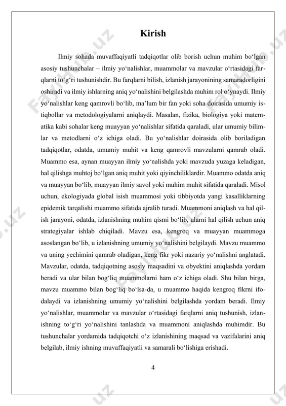 i tushunishga qaratilgan bilim sohalari bo‘lib, ular turli fanlar va tadqiqot usullari orqali dunyoni kashf qilishga xizmat qiladi. ilmiy yo‘nalishlarni tushunish uchun asosiy tushunchalarni quyidagicha kengroq yoritib beraman. ilm-fan tabiiy, ijtimoiy va gumanitar fanlar sifatida katta guruhlarga bo‘linadi. tabiiy fanlar materiya, energiya va tabiat hodisalarini o‘rganadi. masalan, fizika koinotning asosiy qonunlarini, kimyo moddalarning o‘zaro ta’sirini, biologiya esa tirik organizmlarni tahlil qiladi. ijtimoiy fanlar jamiyat va inson xatti-harakatlariga e’tibor qaratadi, bunga sotsiologiya, psixologiya, iqtisodiyot kabi sohalarni kiritish mumkin. gumanitar fanlar esa insoniyatning madaniy, tarixiy va falsafiy merosini o‘rganadi, masalan, tarix, adabiyot va falsafa. ilmiy yo‘nalishlarning asosiy maqsadi – dunyoni tushunish va undagi qonuniyatlarni aniqlash. bu jarayonda ilmiy usul deb ataladigan tizimli yondashuv qo‘llaniladi. ilmiy usul kuzatuv, faraz (gipoteza) shakllantirish, tajriba o‘tkazish, ma’lumotlarni tahlil qilish va xulosa chiqarish kabi bosqichlarni o‘z ichiga oladi. masalan, bir hodisani tushunish uchun olim avval kuzatuvlar olib boradi, so‘ngra bu kuzatuvlar asosida faraz qiladi va tajribalar orqali …