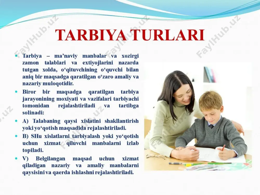. u ham bo‘lsa ekologik tarbiya masalasidir. ekologik tarbiya, albatta, ekologik bilim asosida shakllanadi, lekin u o‘ziga xos xususiyatlarga ham ega. ekologik tarbiya insonda tabiatga nisbatan to‘g‘ri, oqilona munosabatni shakllantirish masalasi ustida ish olib boradi va o‘z oldiga o‘quvchilarda ekologik madaniyatni shakllantirishdek maqsadni qo‘yadi. ekologik tarbiyaning mazmuniga ekologik onglilik, ekologik his-tuyg‘ular (tabiatga, insonlarga, hayotga nisbatan munosabatlar) kiradi. demak, ekologik tarbiya inson hayotida, jamiyatda, vatanda muhim ahamiyat kasb etadi. ekologik tarbiyaning shakllanishiga ekologik bilimlarni egallash bilan bir qatorda ekologik munosabatlarni ham shakllantirib borish zarur. ekologik munosabatlarga quyidagi kabi komponentlarni kiritish mumkin: hayotga munosabat. yaxlitlik hissini tarbiyalash. javobgarlik hissini tarbiyalash. tabiat go‘zalliklarini his eetish. 8.huquqiy tarbiya. huquqiy tarbiya—bu shaxsga nisbatan huquqiy ongni, huquqiy munosabatlarni, qonunga itoatkor xulqatvor ko‘nikmalari va odatlarni shakllantiruvchi uyushgan, aniq maqsadni ko‘zlagan ifodasidir. huquqiy tarbiyani bolaning kichik yoshidan boshlab amalga oshira boshlash, huquqiy axborotlarning birinchi darajali tus olishiga erishish, shaxsning umumiy dunyoqarashi va ijtimoiy yo‘naltirilganligining tarkibiy qismi tarzida huquqiy …