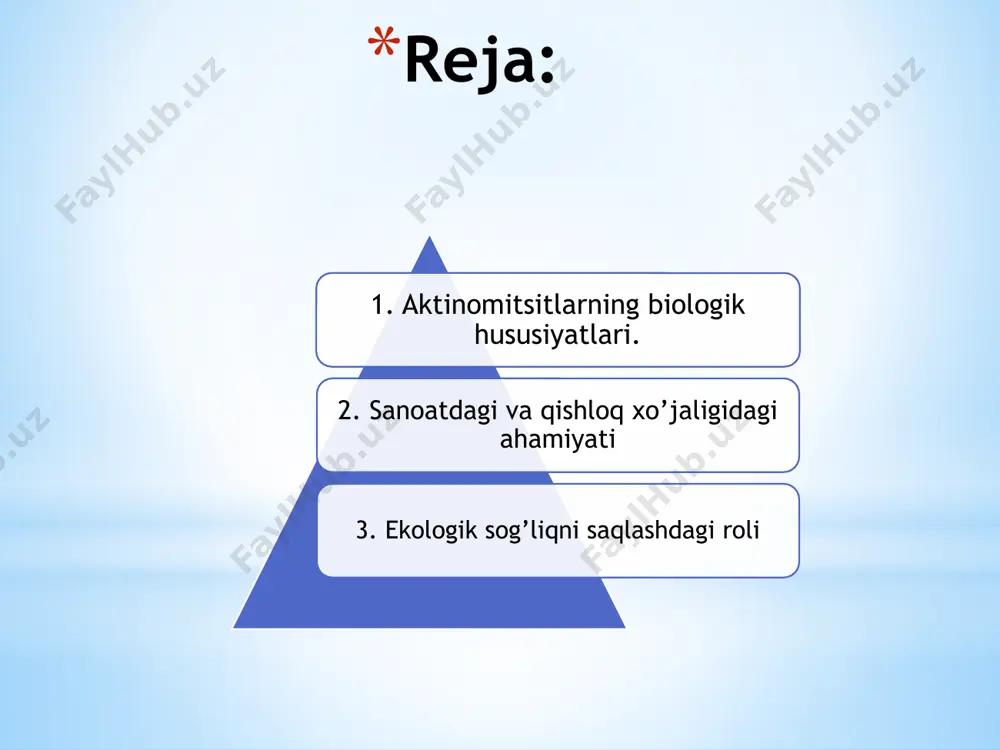 oorganizmlar biologik pestitsidlar ishlab chiqarish uchun keng qo‘llaniladi, bu esa atrof-muhitga zarar yetkazmasdan qishloq xo‘jaligida o‘simliklarni himoya qilishga yordam beradi. qishloq xo‘jaligidagi ahamiyati aktinomitsitlar qishloq xo‘jaligida o‘simliklarni kasalliklardan himoya qilishda va tuproq unumdorligini oshirishda keng qo‘llaniladi. ularning biofungitsid sifatidagi roli tobora ortib bormoqda. masalan, streptomyces turiga mansub aktinomitsitlar o‘simliklarning ildiz tizimida yashaydi va ular azotni fixsatsiya qilishda yordam beradi, bu esa tuproq unumdorligini oshiradi. bundan tashqari, aktinomitsitlar o‘simlik kasalliklarini keltirib chiqaradigan patogen mikroorganizmlar bilan kurashishda yordam beruvchi tabiiy biologik vositalardir. ularning biotik o‘g‘itlar sifatida ishlatilishi tuproqda organik moddalarni parchalaydi va uning sifatini yaxshilaydi. ekologik va sog‘liqni saqlashdagi roli aktinomitsitlar ekologik jihatdan ham muhimdir. ular organik moddalarning parchalanishida va tuproqning sifatini yaxshilashda muhim rol o‘ynaydi. ularning foydalanilishi atrof-muhitga zarar yetkazmasdan o‘simliklarni himoya qilish imkonini beradi. sog‘liqni saqlash sohasida esa aktinomitsitlar tomonidan ishlab chiqarilgan antibiotiklar va boshqa biologik faol moddalar ko‘plab kasalliklarni davolashda ishlatiladi. biroq, ba'zi aktinomitsitlar xushbo‘y va toksik moddalarga ega …