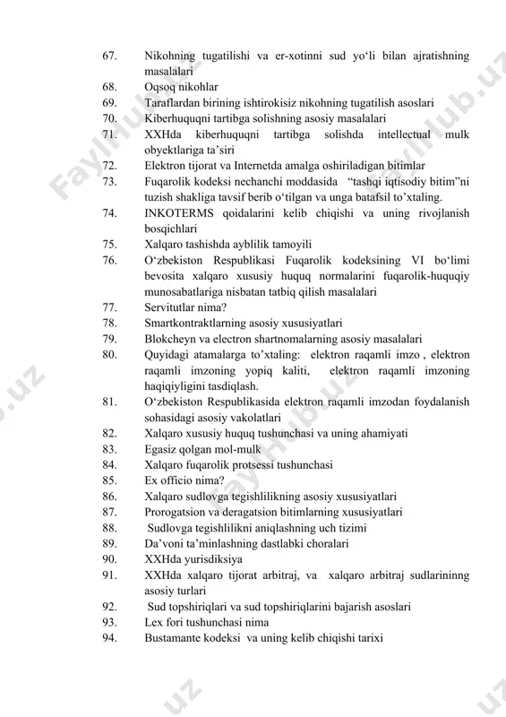 sh shakliga tavsif berib o‘tilgan va unga batafsil to’xtaling. 74. inkoterms qoidalarini kelib chiqishi va uning rivojlanish bosqichlari 75. xalqaro tashishda ayblilik tamoyili 76. o‘zbekiston respublikasi fuqarolik kodeksining vi bo‘limi bevosita xalqaro xususiy huquq normalarini fuqarolik-huquqiy munosabatlariga nisbatan tatbiq qilish masalalari 77. servitutlar nima? 78. smartkontraktlarning asosiy xususiyatlari 79. blokcheyn va electron shartnomalarning asosiy masalalari 80. quyidagi atamalarga to’xtaling: elektron raqamli imzo , elektron raqamli imzoning yopiq kaliti, elektron raqamli imzoning haqiqiyligini tasdiqlash. 81. o‘zbekiston respublikasida elektron raqamli imzodan foydalanish sohasidagi asosiy vakolatlari 82. xalqaro xususiy huquq tushunchasi va uning ahamiyati 83. egasiz qolgan mol-mulk 84. xalqaro fuqarolik protsessi tushunchasi 85. ex officio nima? 86. xalqaro sudlovga tegishlilikning asosiy xususiyatlari 87. prorogatsion va deragatsion bitimlarning xususiyatlari 88. sudlovga tegishlilikni aniqlashning uch tizimi 89. da’voni ta’minlashning dastlabki choralari 90. xxhda yurisdiksiya 91. xxhda xalqaro tijorat arbitraj, va xalqaro arbitraj sudlarininng asosiy turlari 92. sud topshiriqlari va sud topshiriqlarini bajarish asoslari 93. …