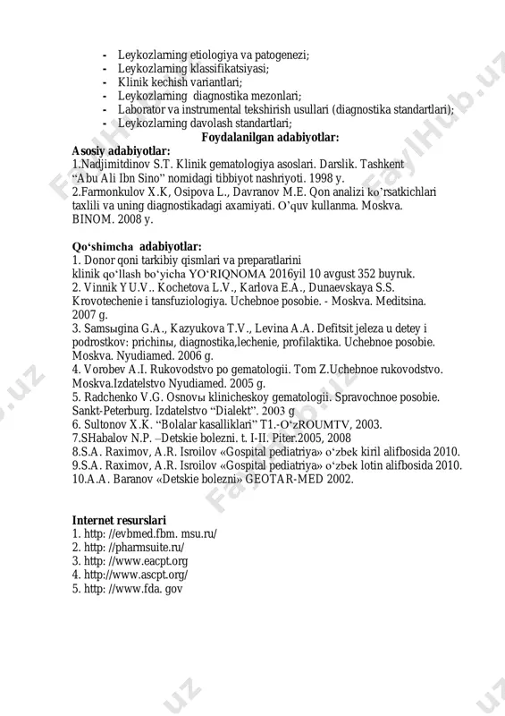 kotsitlar soni kamayishi bilan parallel ravishda taloq xajmi xam kichrayadi. 3. interferon (intron -2) sutkasiga 3 mln/m 2 doza m/o. interferon bilan davolash standart kursi 3 xafta, lekin uzokrok muddatga chuzilishi mumkin. intron bilan davolash fonida 70% smlli bemorlarda remissiyaga erishiladi (25% bemorlarda u 5 yilga chuzilishi mumkin). intron buyurilganda isitma, titrash va boshqa grippga o’xshash xolatlar: taxikardiya, qorinda og’riq, bugimda og’riq, ko’ngil aynish, qayt qilish. bunday xolatlarda davo vaqtincha to’xtatiladi. smlni intron bilan davolash sxemasi xali qayta ishlanyapti. afsuski 90% medikamentoz davo olayotgan bemorlarda va 60% nitron bilan davo tugatilgach, xatto tula klinik remissiya davrida sitogenetik o’zgarishlar saqlanib qoladi. suyak ko’migi transplantatsiyasi – bu smlni xox u kattalar, xox u o’smirlar turi bo’lsin, samarali davo chorasi, lekin u kasallikni erta davrida yoki medikamentoz klinik laborator remissiya davrida utkazilsa. yuvenil varianti terapiyaga turg’unrok, uning davo sxemasi to’la ishlanmagan. vamp, samp va boshka sxemalar bo’yicha davo belgilanadi. remissiyaga erishgach quvvatlovchi davo …