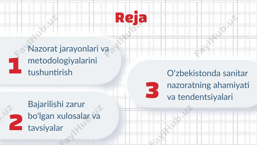 umotlarni to'plash: nazorat jarayoni davomida zarur bo'lgan ma'lumotlar yig'iladi. bu qadam nazorat ob'ektining holatini to'liq va aniq baholash imkonini beradi. 3. tahlil qilish: to'plangan ma'lumotlarni tahlil qilish orqali muammolar aniqlanadi. ushbu qadam nazorat jarayonining samaradorligini oshirishga yordam beradi. 4. xulosalar chiqarish: tahlil natijalariga asoslangan holda xulosalar chiqariladi. bu qadam kelgusi harakatlar rejasini tayyorlash uchun muhimdir. 5. monitoring: nazorat jarayoni tugaganda, olingan natijalarni monitoring qilish zarur. bu qadam nazoratning uzoq muddatli ta'sirini baholashga yordam beradi. nazorat jarayonidagi asosiy qadamlar quyidagilardir: 1. rejalashtirish - nazoratning maqsad va vazifalarini belgilash. 2. ma'lumotlarni to'plash - zarur bo'lgan ma'lumotlarni yig'ish. 3. tahlil qilish - olingan ma'lumotlarni batafsil ko'rib chiqish. 4. xulosalar chiqarish - muammolar va imkoniyatlarni aniqlash. 5. monitoring - nazorat natijalarini kuzatish va baholash. nazorat jarayonida to'plangan ma'lumotlar turli xil bo'lishi mumkin: statistik ma'lumotlar, so'rovnomalar, monitoring natijalari va laboratoriya tahlillari. ma'lumotlar turlari 1. statistik ma'lumotlar: bu ma'lumotlar aholi salomatligi, kasalliklar tarqalishi va boshqa muhim …