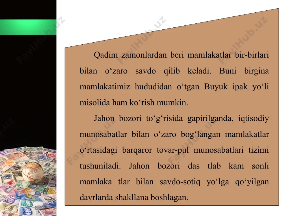 arining jami qiymati. tashqi savdo balansi (saldosi) — mamlakatning eksport va import hajmlari orasidagi farq. 17 foydalanilgan adabiyotlar krugman p., obstfeld m., melitz m. international economics: theory and policy. – pearson, 2022. todaro m., smith s. economic development. – pearson, 2021. balassa b. the theory of economic integration. – routledge, 2019. bhagwati j. in defense of globalization. – oxford university press, 2018. stiglitz j. globalization and its discontents revisited. – w.w. norton & company, 2019. radelet s., sachs j. economic growth in asia: lessons and experiences. – asian development bank, 2020. жумаев н.х. халқаро иқтисодий муносабатлар. – тошкент: иқтисод-молия, 2021. абдурахмонов қ. иқтисодий ўсиш ва ташқи савдо сиёсатининг ўзаро боғлиқлиги. – тошкент: молия, 2020. asian development bank. asian economic integration report 2022: advancing digital services trade in asia and the pacific. – adb, manila, 2022. world bank. world development report 2020: trading for development in the age of global value …
