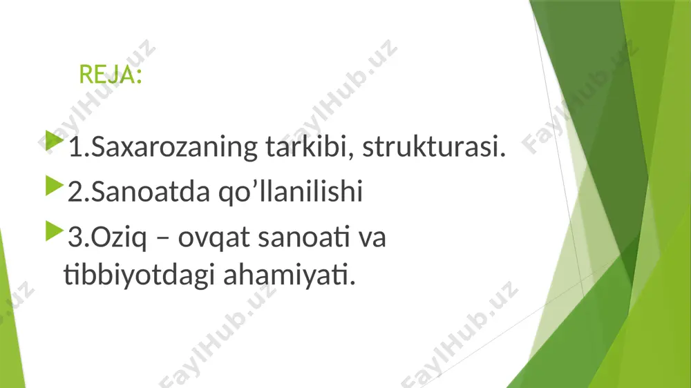 agi tarkibidagi shakar va boshqa moddalar (rang beruvchi, oqsil, kislotalar) suvli eritmaga o’tadi. 2. turli qo‘shimchalar va keraksiz moddalardan tozalash uchun diffuzordagi eritma “ohak suti” — ca(oh)2 eritmasi bilan aralashtirilsa kam eruvchan moddalar hosii bo’lib, cho’kmaga tushadi, shakar esa eritmada ancha tozalanib, ca ning saxarati (ca ioni spirt gruppalari hisobiga birikadi) cac12h20o11 • 2h2o holida bo’ladi. 3. eritmadan ortiqcha ca(oh)2 va shakar tarkibidagi ca+2 — ionlarini chiqarib yuborish maqsadida eritma orqali co2 — gazi o’tkaziladi, caco3 hosil bo’lib cho’kmaga tushadi: cac12h20o11*co2=c12h22o11+caco3+h2o 4. hosil bo’lgan cho’kma filtrlab ajratib olinadi. eritma vakuum moslamasida bug’latiladi. hosil bo’lgan shakar kristallari sentrifugalash usuli bilan ajratib olinadi. 5. lekin bunda barcha saxarozani to’liq ajratib olib bo’lmaydi. uning 50% qismi eritmada qolib ketadi. bu eritma “melassa” deb aytiladi. uni .qayta ishlab turli moddalar (limon kislota) olinadi ajratib olingan shakar moddasi sarg’ish rangli bo’ladi. chunki uning tarkibida rang beruvchi qo’shimchalar qisman qolgan bo’ladi. bu moddalardan shakami tozalash uchun …