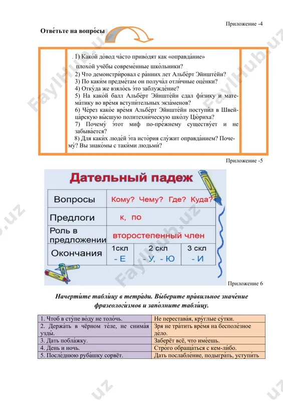 со́бен…» да вот то́лько ничего́ они́ уже́ не пока́жут… ( оправда́ние • не дотяну́л • причи́на возникнове́ния • приво́дится • до́вод • душа́ ) ( опорные слова ) приложение -4 отве́тьте на вопро́сы ( . 1 ) како́й до́вод ча́сто приво́дят как «оправда́ние» плохо́й учёбы совреме́нные шко́льники? 2) что демонстри́ровал с ра́нних лет альбе́рт эйнште́йн? 3) по каки́м предме́там он получа́л отли́чные оце́нки? 4) отку́да же взяло́сь э́то заблужде́ние? 5) на како́й балл альбе́рт эйнште́йн сдал фи́зику и мате ма́тику во вре́мя вступи́тельных экза́менов? 6) че́рез како́е вре́мя альбе́рт эйнште́йн поступи́л в швей ца́рскую вы́сшую политехни́ческую шко́лу цю́риха? 7) почему́ э́тот миф по-пре́жнему существу́ет и не забыва́ется? 8) для каки́х люде́й э́та исто́рия слу́жит оправда́нием? поче му́? вы знако́мы с таки́ми людьми́? ) приложение -5 приложение 6 начерти́те табли́цу в тетра́ди. вы́берите пра́вильное значе́ние фразеологи́змов и запо́лните табли́цу. 1. чтоб в сту́пе во́ду не толо́чь. не перестава́я, кру́глые су́тки. 2. …