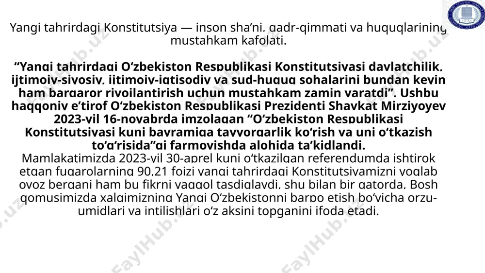 2001-yil 30-avgustda yangi tahrirda qabul qilingan “oʻzbekiston respublikasining referendumi toʻgʻrisida”gi qonuni bilan tartibga solinadi. unga koʻra, referendumda qabul qilingan qarorlar oliy yuridik kuchga ega boʻlib, faqat referendum oʻtkazish yoʻli bilan bekor qilinishi yoki oʻzgartirilishi mumkin. mamlakatimizda 1991, 1995 va 2002-yillarda referendum oʻtkazilgan. ikkinchidan, hokimiyatning bilvosita amalga oshirilishi deganda xalqning jamiyat va davlat ishlarini boshqarishda, qarorlar va qonunlarni qabul qilishda oʻzi saylagan vakillari, yaʼni deputatlar va senatorlar orqali ishtirok etishi tushuniladi. oʻzbekiston respublikasida davlat hokimiyati xalq manfaatlarini koʻzlab va oʻzbekiston respublikasi konstitutsiyasi hamda uning asosida qabul qilingan qonunlar vakolat bergan idoralar tomonidangina amalga oshiriladi. konstitutsiyada nazarda tutilmagan tartibda davlat hokimiyati vakolatlarini oʻzlashtirish, hokimiyat idoralari faoliyatini toʻxtatib qoʻyish yoki tugatish, hokimiyatning yangi va muvoziy tarkiblarini tuzish konstitutsiyaga xilof hisoblanadi va qonunga binoan javobgarlikka tortishga asos boʻladi. konstitutsiya va qonunning ustunligi. mamlakatimizda oʻzbekiston respublikasining konstitutsiyasi va qonunlarining ustunligi soʻzsiz tan olinadi. konstitutsiyaning birorta qoidasi oʻzbekiston respublikasi huquq va manfaatlariga zarar yetkazadigan tarzda talqin …