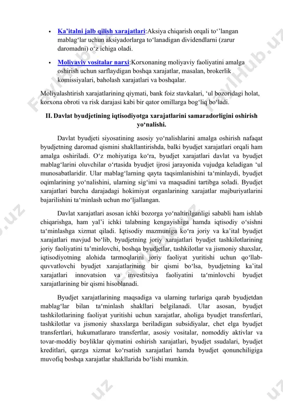 ‘ul bozoridagi holat, korxona obroti va risk darajasi kabi bir qator omillarga bogʻliq boʻladi. ii. davlat byudjetining iqtisodiyotga xarajatlarini samaradorligini oshirish yo‘nalishi. davlat byudjeti siyosatining asosiy yoʻnalishlarini amalga oshirish nafaqat byudjetning daromad qismini shakllantirishda, balki byudjet xarajatlari orqali ham amalga oshiriladi. oʻz mohiyatiga koʻra, byudjet xarajatlari davlat va byudjet mablagʻlarini oluvchilar oʻrtasida byudjet ijrosi jarayonida vujudga keladigan ‘ul munosabatlaridir. ular mablagʻlarning qayta taqsimlanishini taʻminlaydi, byudjet oqimlarining yoʻnalishini, ularning sigʻimi va maqsadini tartibga soladi. byudjet xarajatlari barcha darajadagi hokimiyat organlarining xarajatlar majburiyatlarini bajarilishini taʻminlash uchun moʻljallangan. davlat xarajatlari asosan ichki bozorga yoʻnaltirilganligi sababli ham ishlab chiqarishga, ham yal’i ichki talabning kengayishiga hamda iqtisodiy oʻsishni taʻminlashga xizmat qiladi. iqtisodiy mazmuniga koʻra joriy va ka’ital byudjet xarajatlari mavjud boʻlib, byudjetning joriy xarajatlari byudjet tashkilotlarining joriy faoliyatini taʼminlovchi, boshqa byudjetlar, tashkilotlar va jismoniy shaxslar, iqtisodiyotning alohida tarmoqlarini joriy faoliyat yuritishi uchun qoʻllab-quvvatlovchi byudjet xarajatlarining bir qismi boʻlsa, byudjetning ka’ital xarajatlari innovatsion va investitsiya faoliyatini …