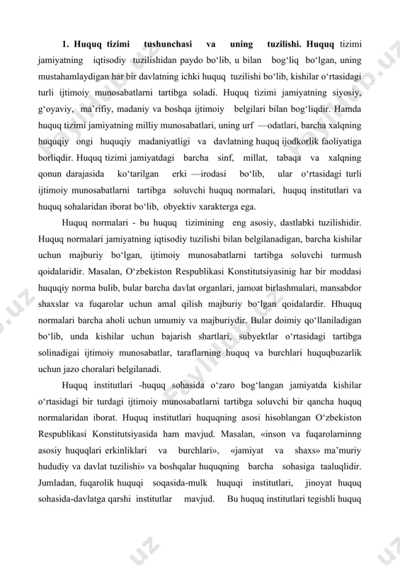 blangan o‘zbekiston respublikasi konstitutsiyasida ham mavjud. masalan, «inson va fuqarolarninng asosiy huquqlari erkinliklari va burchlari», «jamiyat va shaxs» ma’muriy hududiy va davlat tuzilishi» va boshqalar huquqning barcha sohasiga taaluqlidir. jumladan, fuqarolik huquqi soqasida-mulk huquqi institutlari, jinoyat huquq sohasida-davlatga qarshi institutlar mavjud. bu huquq institutlari tegishli huquq sohalarining ichki tarkibiy qismini tashkil qiladi. o‘z navbatida birinchisi — mulkiy munosabatlarni, ikkinchisi — davlatga qarshi qaratilgan jinoyat qilishdan kelib chiqadigan ijtimoiy munosabatlarni tartibga soluvchi huquqiy normalardir. huquq normalari institutlarga bo‘lishdan maqsad hayotda mavjud bo‘lgan, juda ko‘pgina huquq normalari bilan turli ijtimoiy munosabatlarni tartibga solib, ularning huquq sohalariga birlashtirib, amaliyotda huquq normalarini to‘g‘ri qo‘llashda foydalanishdir. huquq soxasi — bu hayotda o‘ziga xos bir turdagi ijtimoiy munosabatlarning muayyan sohasini tartibga soluvchi maxsus huquq normalari va huquq institutlarining yig‘indisi. masalan, moliyaviy munosabatlar — moliya huquq soxasi bilan mexnat xuquq sohasi esa mehnat munosabatlari bilan tartibga soladi. huquq sohasi – bu huquq tizimining asosiy qismi va mustaqil …