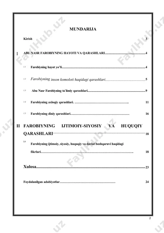iy kamolot va baxt-saodatga erishishlarining asosiy vositalari va yo`llarini ilmiy asosda bayon etib bergan. mavzuning maqsadi va vazifasi: farobiy siymosini to’laligicha yoshlar qalbida, ongida gavdalantirish, uning buyuk xizmatlaridan xabardor qilish, uning timsolida inson o’z hayotini, o’zi uchun ham, butun jamiyat uchun ham foydali bo’lgan ishlarga bag’ishlashi, buning uchun u, avvalo, kasb-hunar o’rganishi, ma’rifatli, fazilatli bo’lishi kerakligini o’rgatish. ushbu maqsadni amalga oshirish maqsadida quyidagi vazifalarni yechish masalalari qo’yiladi: farobiyning hayoti va ijodiy merosi bilan tanishish uning inson komoloti va unga yetuvchi xislatlar haqida ta’limiy axloqiy diniy ijtimoiy , huquqiy, siyosiy, va davlat boshqaruvi haqidagi qarashlarini o’rganishni tahlil qilish. ishning metodologik asosi: o’zbekiston respublikasi uzluksiz ta’lim tizimining mazmunini belgilab beruvchi me’yoriy hujjatlar, xususan, o’zbekiston respublikasining «ta’lim to’g’risida» gi qonuni «kadrlar tayyorlash milliy dasturi», o’zbekiston respublikasi vazirlar mahkamasi, oliy va o’rta maxsus xalq ta’limi vazirliklari tomonidan qabul qilingan qarorlar, me’yoriy hujjatlar; pedagogika oid nazariyalar va konsepsiyalar, shuningdek, respublikamiz olimlarining qarashlari; o’zbekiston respublikasi prezidenti …