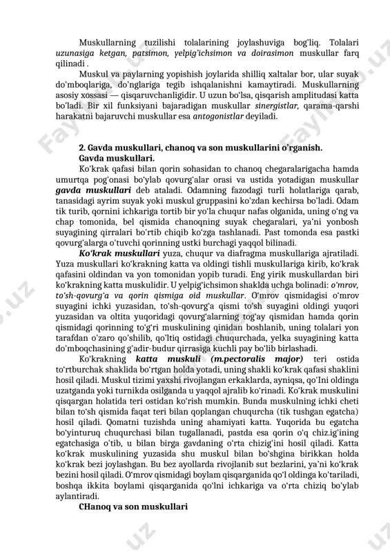 funktsiyasinigina emas, balki tinch turganida qanday shakl hosil qilishini hamda ishlaganida bu shaklni qay tariqa o’zgartirishini ham o’rganadi. ikki qorinli muskullar ham bor, masalan bo’yinda; bunday muskullar-ning qorinchasi o’rtasida payi bo’lganligidan, ikkita qorinchaga bo’linadi (17-rasm). yassi muskullarda (masalan, qorin muskulida) plastinalar ko’rinishida kengaygan yassi paylar bo’ladi, aponevrozlar deb shularga aytiladi. paylar cho’zilmaydi; ularning funktsiyasi muskullar kuchini ta’sir joyiga o’tkazib berishdir. muskullarning tuzilishi tolalarining joylashuviga bog’liq. tolalari uzunasiga ketgan, patsimon, yelpig’ichsimon va doirasimon muskullar farq qilinadi . muskul va paylarning yopishish joylarida shilliq xaltalar bor, ular suyak do'mboqlariga, do'nglariga tegib ishqalanishni kamaytiradi. muskullarning asosiy xossasi — qisqaruvchanligidir. u uzun bo‘lsa, qisqarish amplitudasi katta bo’ladi. bir xil funksiyani bajaradigan muskullar sinergistlar, qarama-qarshi harakatni bajaruvchi muskullar esa antogonistlar deyiladi. 2. gavda muskullari, chanoq va son muskullarini o’rganish. gavda muskullari. ko'krak qafasi bilan qorin sohasidan to chanoq chegaralarigacha hamda umurtqa pog'onasi bo‘ylab qovurg'alar orasi va ustida yotadigan muskullar gavda muskullari deb ataladi. odamning fazodagi …