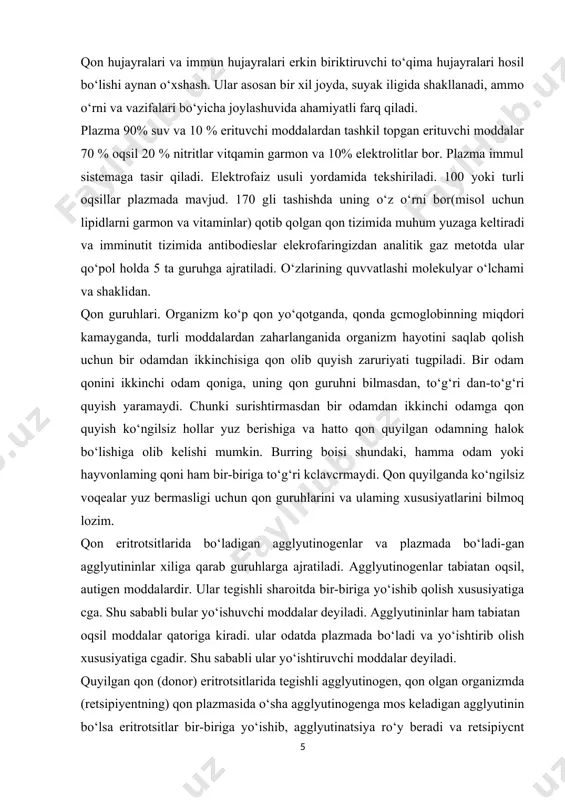 volga tushadi. agglyutinogen va agglyutininlarning bir necha xili bor. chunonchi odam eritrotsitlarida asosan ikki xil agglyutinogen, ya’ni agglyutinogen a va agglyutinogen b, qon plazmasida esa shunga yarasha agglyutinin alfa va beta to‘ilgan. bunda a agglyutinogenga alfa (a) agglyutinini va v agglyutinogeniga beta (p) agglyutinini mos keladi. ammo bitta odamning qonida agglyutinogen a bilan agglyutinin alfa, agglyutinogen v bilan agglyutinin beta hech vaqt birga uchramaydi, shuning uchun ham sog‘lom odam organizmida eritrotsitlar agglyutinatsiyalanmaydi. ana shu agglyutinogenlarning biri eritrotsitlarda va agglyutininlarning qaysi biri plazmada bo‘lishiga qarab, odamlar qoni to‘rt guruhga ajratiladi. bu guruhlarning har qaysisi quyidagicha xarakterlanadi va rim raqamlari bilan belgilanadi: l-(0)guruh, qonning bu guruhida (plazmada) har ikkalasi (alfa, beta) ham bo‘ladiyu, lekin eritrotsitlarda esa agglyutinogenlar hech biri bo‘lmaydi. ii-(a)guruh, plazmasida bitta beta agglyutinin bo‘lib, eritrotsitlarida a agglyutinogeni bo‘ladi. iii-(b)guruh - bu guruh qon eritrotsitlarida v agglyutinogeni bo‘lib, plazmasida esa alfa agglyutinin bo‘ladi. iv-(ab)guruh. qon eritrotsitlarida har ikkala (ab) agglyutinogen bo‘ladi. …
