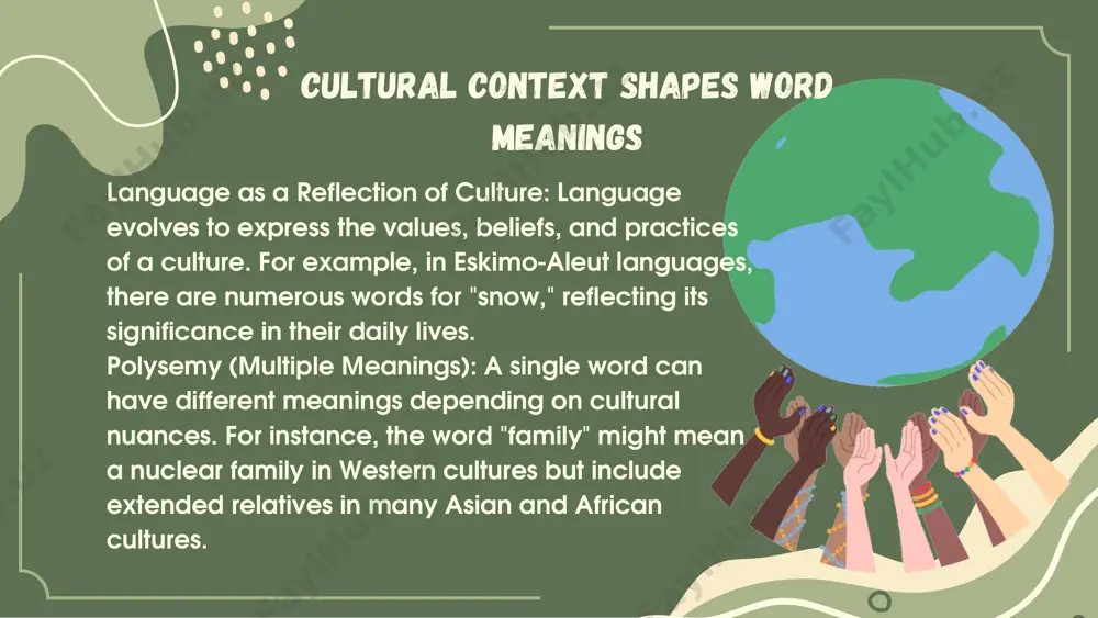 , emphasize the importance of maintaining cultural connections through words. in summary, words are not just tools for communication but also vessels of cultural identity and meaning. their usage, interpretations, and evolution are inseparable from the cultural environments in which they exist. understanding the cultural context behind words enriches communication and fosters cross-cultural appreciation. understanding how words are used and interpreted in different cultural contexts is crucial for effective communication. it highlights the importance of not only learning a language but also the culture behind it. this awareness fosters cross-cultural understanding and avoids potential misunderstandings conclusion thank you for your attention.