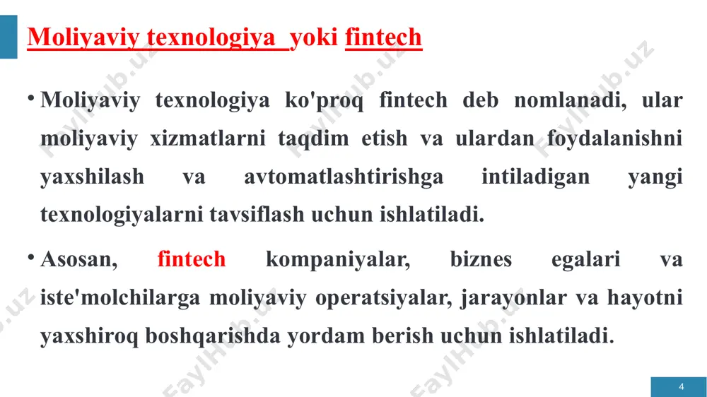 rtlashtirilgan va xavfsiz aloqani ta'minladi. swift xabar almashish tizimi xalqaro pul va xavfsizlik o'tkazmalari uchun global standartga aylandi. qo'shma shtatlardagi ach (avtomatlashtirilgan hisob-kitob markazi) kabi elektron pul o'tkazmalari tizimlarining joriy etilishi pul o'tkazmalarini tezroq va samaraliroq amalga oshirishga yordam berdi. ach tarmog'i to'g'ridan-to'g'ri depozitlar, ish haqi to'lovlari va elektron hisob-kitoblarni amalga oshirish imkonini berdi, bu esa qog'oz cheklarga bo'lgan ehtiyojni sezilarli darajada kamaytiradi. 12 1980 va 1990-yillar raqamli moliyaviy xizmatlarning yuksalishi va onlayn-bankingning dastlabki bosqichlari bilan fintechda sezilarli o'zgarishlarga guvoh bo'ldi. maykl bloomberg innovative market systems (keyinchalik bloomberg l.p.) kompaniyasiga asos solgan va bloomberg terminalini taqdim etganida katta yutuq yuz berdi. bu yangilik moliyaviy mutaxassislarning bozor ma'lumotlariga kirish va tahlil qilish usulida inqilob qildi, real vaqt rejimida moliyaviy bozor ma'lumotlari, tahlillari va yangiliklarini butun dunyo bo'ylab moliya institutlariga taqdim etdi. 13 onlayn banking 1980-yillarning boshida paydo bo'ldi, shotlandiya banki buyuk britaniyaning homelink deb nomlangan birinchi onlayn-banking xizmatini taklif qildi. ushbu …