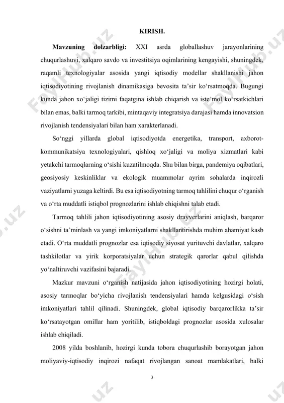 uddatli prognozlar esa iqtisodiy siyosat yurituvchi davlatlar, xalqaro tashkilotlar va yirik korporatsiyalar uchun strategik qarorlar qabul qilishda yo‘naltiruvchi vazifasini bajaradi. mazkur mavzuni o‘rganish natijasida jahon iqtisodiyotining hozirgi holati, asosiy tarmoqlar bo‘yicha rivojlanish tendensiyalari hamda kelgusidagi o‘sish imkoniyatlari tahlil qilinadi. shuningdek, global iqtisodiy barqarorlikka ta’sir ko‘rsatayotgan omillar ham yoritilib, istiqboldagi prognozlar asosida xulosalar ishlab chiqiladi. 2008 yilda boshlanib, hozirgi kunda tobora chuqurlashib borayotgan jahon moliyaviy-iqtisodiy inqirozi nafaqat rivojlangan sanoat mamlakatlari, balki rivojlanayotgan, ayniqsa, bozor munosabatlari qaror topayotgan davlatlarga ham o‘z salbiy ta'sirini o‘tkazmasdan qolmadi. ayni paytda, global moliyaviy inqiroz jahon moliya-bank tizimida jiddiy nuqsonlar mavjudligi va uni tubdan isloh qilishning zarurligini ko‘rsatib berdi. ushbu moliyaviy-iqgisodiy inqirozning har qanday davlatdagi miqyosi, ko‘lami va oqibatlari ko‘p jihatdan bir qator omillarga, xususan, mamlakat moliya-valyuta tizimi nechog‘lik mustahkam ekanligi, milliy kredit institutlarining qay darajada kapitallashuvi va likvidliligi, oltin-valyuta zaxirasining hajmi, xorijiy kreditlarni qaytarish qobiliyati, shuningdek, iqtisodiyotning barqarorlik, diversifikatsiya va raqobatbardoshlik darajasiga bog‘likdir. hozirgi kunda jahon …