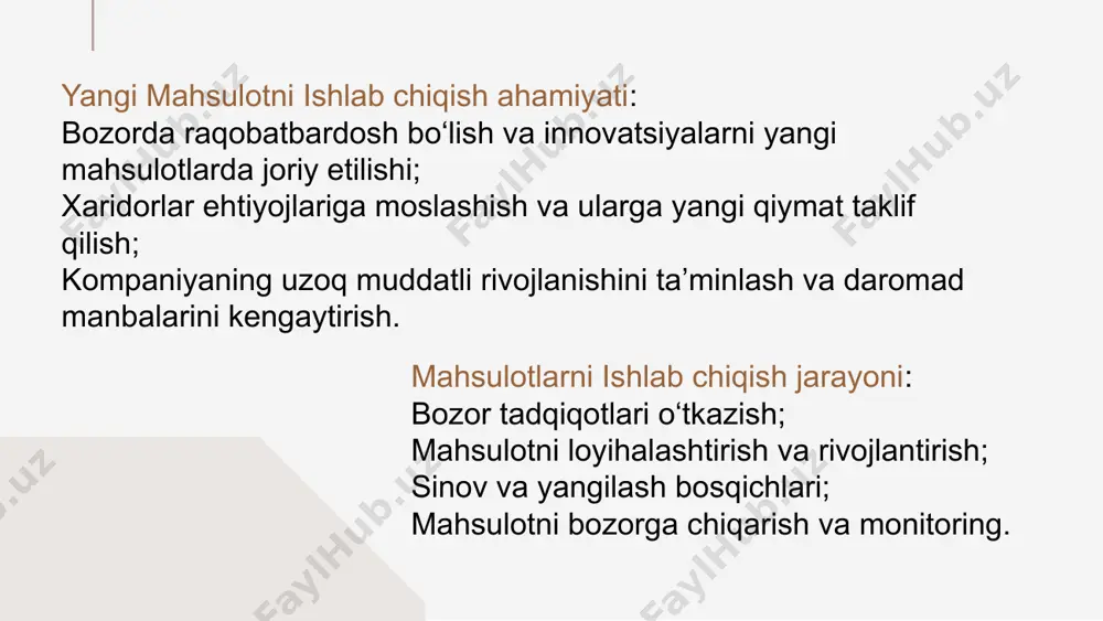 doimiy ravishda foydalanuvchilar fikriga moslashadi. 1. sprintlar (kikik davrlar) – qisqa muddatlarda rivojlantirish jarayonlarini amalga oshirish. 2. kichik versiyalarni chiqarish – har bir sprintdan keyin mahsulotning yangi versiyasini yaratish. 3. feedback yig‘ish – foydalanuvchilardan fikr olish va uni takomillashtirishga kiritish. samsung strategiyasi innovatsion texnologiyalarga sarmoya kiritish: samsung yangi texnologiyalarni yaratish va o‘z mahsulotlariga joriy qilishda katta sarmoya ajratadi. masalan, ular birinchi bo‘lib katlanadigan (foldable) ekranli smartfonlarni bozorga chiqardi. kompaniya 5g texnologiyasi, shuningdek, iot (internet of things) va sun’iy intellekt (ai) kabi sohalarga ham katta e'tibor qaratadi. diversifikatsiya samsung turli narx darajalariga moslashtirilgan keng mahsulot qatorini taklif etadi. galaxy s va galaxy note premium segmentlari bilan birga, galaxy a va galaxy m seriyalari orqali o‘rta va quyi segmentlar uchun ham tanlovni taqdim etadi. bu orqali samsung turli auditoriyalarni qamrab oladi va keng bozor ulushiga ega bo‘ladi. narx strategiyasi samsung turli darajadagi narxlarda mahsulotlarni taqdim etadi. bu, ayniqsa, rivojlanayotgan bozorlar uchun muhim …