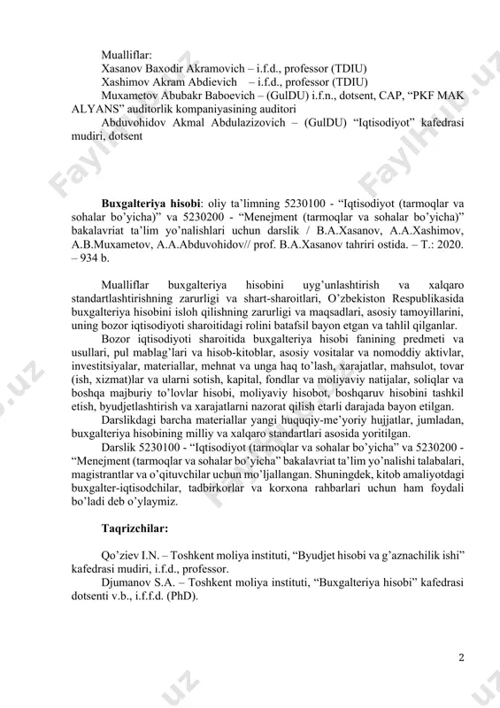 bo’yicha” va 5230200 - “menejment (tarmoqlar va sohalar bo’yicha” bakalavriat ta’lim yo’nalishi talabalari, magistrantlar va o’qituvchilar uchun mo’ljallangan. shuningdek, kitob amaliyotdagi buxgalter-iqtisodchilar, tadbirkorlar va korxona rahbarlari uchun ham foydali bo’ladi deb o’ylaymiz. taqrizchilar: qo’ziev i.n. – toshkent moliya instituti, “byudjet hisobi va g’aznachilik ishi” kafedrasi mudiri, i.f.d., professor. djumanov s.a. – toshkent moliya instituti, “buxgalteriya hisobi” kafedrasi dotsenti v.b., i.f.f.d. (phd). mundarija kirish 13 1 bob. buxgalteriya hisobi fanining predmeti va usullari 15 1.1. asosiy me’yoriy-huquqiy hujjatlar 15 1.2. buxgalteriya hisobini uyg’unlashtirish va xalqaro standartlashtirishning zaruriyati va shart-sharoitlari 15 1.3. o’zbekiston respublikasida buxgalteriya hisobini isloh qilishning zarurligi va maqsadlari 18 1.4. xo’jalik hisobi tushunchasi, funktsiyalari va unga qo’yilgan talablar 21 1.5. buxgalteriya hisobining umumqabul qilingan tamoyillari. hisob siyosati va buxgalterlarning xalqaro kasb etikasi 32 1.6. buxgalteriya hisobining tarkibiy qismlari va ular o’rtasidagi tafovutlar 40 1.7. buxgalteriya hisobining predmeti va vazifalari 41 1.8. xo’jalik mablag’lari va ularning tashkil topish manbalari tasnifi …