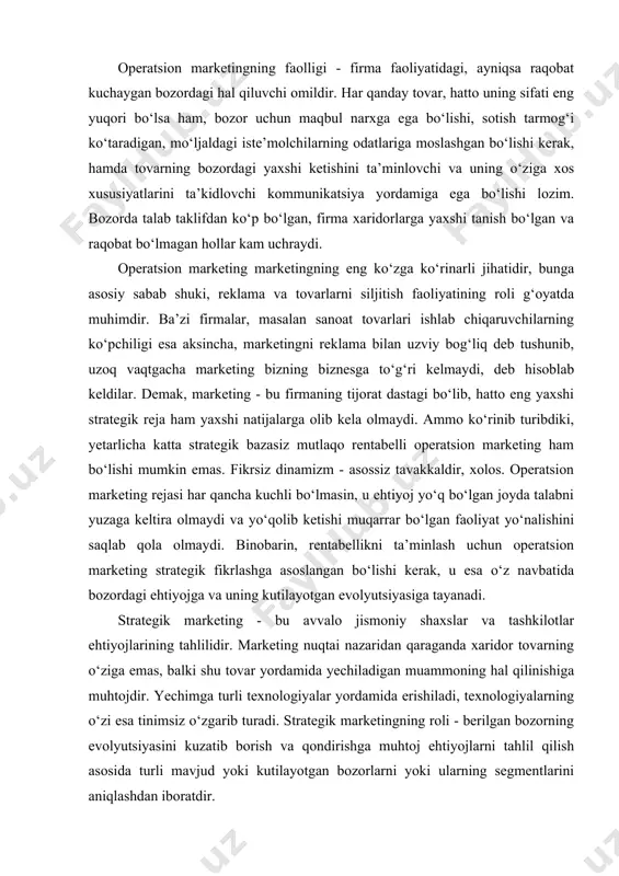 dan iboratdir. aniqlangan tovar bozorlari iqtisodiy imkoniyatlarni ifodalaydi, endi ularning jalb qiluvchanligini baholash kerak. tovar bozorining jalb qiluvchanligi miqdoriy jihatdan bozor salohiyati tushunchasi bilan o‘lchanadi, dinamik jihatdan esa o‘zining mavjud bo‘lish muddati bilan yoki hayot sikli bilan xarakterlanadi. muayyan firma uchun tovar bozorining jalb etuvchanligi uning raqobatbardoshligiga, boshqacha qilib aytganda, haridorlarning ehtiyojlarini raqiblariga qaraganda yaxshiroq qondira olish qobiliyatiga bog‘liq. firmaning raqobatbardoshligi uning raqobatli ustunlikka ega bo‘lishi yoki uning raqiblaridan ajralib turuvchi sifatlari tuvayli yohud harajatlar bo‘yicha afzallik beruvchi yuqori ishlab chiqarish samaradorligi tufayli mavjud bo‘ladi. shunday qilib, strategik marketingning roli firmani manfaatli iqtisodiy imkoniyatlarga yo‘naltirish, ya’ni uning “nou-xau” va resurslariga mos keladigan, uning o‘sish va rentabellik salohiyatini ta’minlovchi imkoniyatlarga yo‘naltirishdan iborat. strategik marketing jarayoni o‘rta va uzoq muddatli istiqbollarga egadir. uning vazifasi firmaning missiyasini aniqlash, maqsadlarni belgilash, o‘sish strategiyasini ishlab chiqish va tovar portfelining muvozanatlangan tuzilmasini ta’minlashdan iboratdir. tovarni siljitishga sarflangan marketing xarajatlarini ayirib tashlagandan keyin hosil bo‘ladi. ushbu daromad …