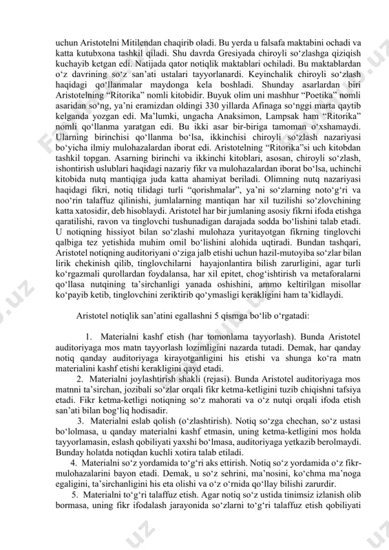 uning har bir nutqi omma orasida shuhrat qozonadi. sitseron fikricha, notiq quyidagi xislatlarga ega bo‘lmog‘i lozim: 1. notiq juda dadil va amin bo‘lishi kerak. 1. notiq to‘la isbotlanishi lozim. 1. notiqda ahamiyatsiz narsa bo‘lmasligi kerak. 1. nutq materialini sitqidil to‘plash va idrok etish kerak. 1. materialni joylashtirish, tushunishga oson bo‘lishini ta‘minlash. shuni alohida ta‘kidlash lozimki, rim notiqlik san‘ati o‘rta asr va keyingi davr notiqligiga ko‘p jihatdan o‘rnak bo‘ldi. hatto hzirgi kunda ham unga tanqidiy yondashib, bahramand bo‘lishimiz mumkin. g‘arb mutafakkirlarining o‘gitlaridan 1. har qanday narsa haqida ikki bir-biriga zid fikrini aytish mumkin. protator 1. so‘z – jismi kichik va ko‘z ilg‘amas, ammo buyuk hukmdor, u ma‘budvash ishlarga qodir, zero, u ham qo‘rquvni chekintirishi, ham dardni yumshatishi, ham kayfiyatni ko‘tarishi, ham hamdard bo‘lishi mumkin. men buni amalda ko‘rsataman. tinglovchilarni faqat tuyg‘u inontirishga qodir.she‘riyatni butunicha chorlayman va uni me‘yoriy nutq deb bilaman. uni tinglagan kishining qalbini dahshatli titroq, ko‘zlariga yosh keltiruvchi mehr …