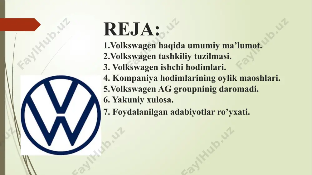 va volkswagen ag kompaniyalari boshqaruvi raisi ham boʻlgan. volkswagen ishchi hodimlari. ish sharoitlari germaniyada joylashgan ushbu kompaniya 120 000 xodimga ega, vw dunyodagi va germaniyadagi eng yaxshi tashkil etilgan mehnat vakillaridan biri hisoblanadi. ishchilar uchun 5 kunlik ish kuni joriy etilgan qat’iy belgilangan ish soati mavjud. har bir ishchi hodimda o’z ustida ishlash ,ma’daniy hordiq olish uchun barcha zarur shart sharoitlar yaratilgan. yil davomida o’z mehnatini yaxshi ko’rsata olgan hodim mukofot puli bilan rag’batlantiriladi. shu bilan birga har yili bepul dam olish sihatgohlariga yo’llanma beriladi. ishchi hodimlar uchun transport tizimi ham yo’lga qo’yilgan. works councils va ig metall oʻynaydigan rol hatto germaniyada ham noyobdir. vw ishchilari eng kuchli jamoa shartnomalariga ega. vw kuchli anʼana va ijtimoiy sheriklik va birgalikda qaror qabul qilish amaliyotiga ega. kompaniya hodimlarining oylik maoshlari haqida. volkswagen ishchi hodimlarining oylik maoshi ancha yuqori hisoblanadi masalan: eng oddiy ishchi hodimning oylik maoshi soatiga $32.8 ni tashkil etadi bu …