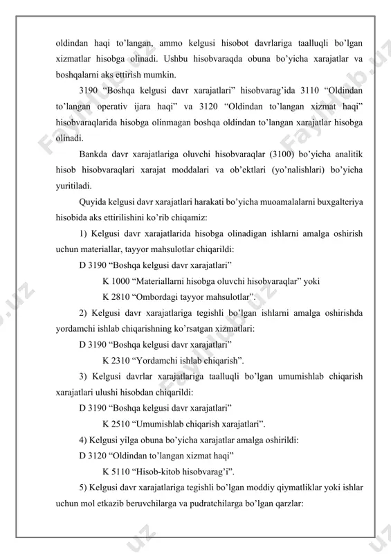 rilgan foyda solig’i” hisobvarag’ining kreditida aks ettiriladi. shunday qilib, 3210 “vaqtinchalik farqlar bo’yicha kechiktirilgan foyda solig’i” hisobvarag’ining debetidagi qoldiq joriy hisobot davrida byudjetga to’lanadigan umumiy soliq summasining kamaytirilishi lozim bo’lgan soliq summasining joriy qismini ko’rsatadi. 3220 “diskont (chegirma)lar bo’yicha kechiktirilgan xarajatlar” hisobvarag’i qoplanish muddati davomida xarajatlarga taqsimlanib boriladigan obligatsiya diskont (chegirma)lar bo’yicha korxonaning uzoq muddatli kechiktirilgan xarajatlarining joriy qismini aks ettiradi. ushbu hisobvaraq faqat obligatsiyalarni sotuvchi (emitent)lar tomonidan qo’llaniladi. obligatsiyalarni chegirma bilan sotish 3220 “diskont (chegirma)lar bo’yicha kechiktirilgan xarajatlar” yoki 0960 “diskont (chegirma)lar bo’yicha uzoq muddatli kechiktirilgan xarajatlar” hisobvaraqlari diskont (chegirma)lar summasi va olingan summaga pul mablag’larini hisobga oluvchi hisobvaraqlar debetida va 6830 “to’lanadigan obligatsiyalar" hisobvarag’ining kreditida aks ettiriladi. obligatsiyalar bo’yicha joriy diskont (chegirma)lar hisoblanganda 9610 “foizlar ko’rinishidagi xarajatlar” hisobvarag’i debetlanadi va 3220 “diskont (chegirma)lar bo’yicha kechiktirilgan xarajatlar” hisobvarag’i kreditlanadi. boshqa kechiktirilgan xarajatlarning joriy qismiga, uzoq muddatli qismi 0990 “boshqa uzoq muddatli kechiktirilgan xarajatlar” hisobvarag’ida hisobga olinadigan va bankda davr …