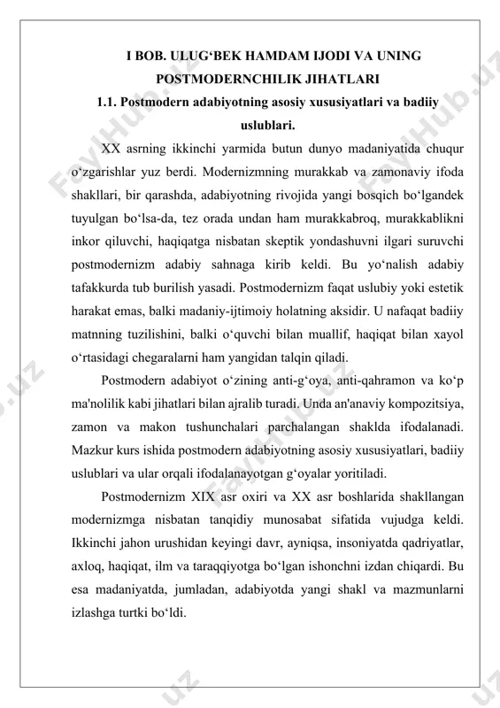 iya kabi uslublar adibning roman, hikoya va esse janrlaridagi asarlarida keng qo‘llanilgan. birinchidan, ulug‘bek hamdam asarlarida intertekstualizm — ya’ni matnlararo aloqalar, boshqa adabiy asarlar, tarixiy faktlar va madaniy kodlarga ishora qilish ko‘p uchraydi. masalan, uning “to‘marisning ko‘z yoshlari” romani tarixiy mavzuni zamonaviy badiiy talqin bilan uyg‘unlashtiradi, qadimgi davr va hozirgi zamon o‘rtasidagi bog‘lanishni o‘rnatadi. bu yerda tarixiy voqealar faqat ma’lum bir davrning qayd etilishi emas, balki bugungi jamiyat va shaxs hayoti bilan bog‘liq falsafiy masalalarni ochib beradi. shunday qilib, asar o‘quvchini faqat badiiy voqelikka emas, balki tarixiy va madaniy kontekstga ham e’tibor qaratishga chaqiradi.[footnoteref:2] [2: sultonov, rustam. postmodernizm va uning konsepsiyalari — postmodernizm nazariyasi va o‘zbek adabiyotiga ta’siri.] ikkinchidan, adib ijodida metafiksiya ko‘p uchraydi. metafiksiya — bu matn ichida o‘zini anglash, o‘zining yaratilish jarayoni va adabiyotga bo‘lgan munosabat haqida o‘ylash. ulug‘bek hamdam asarlarida qahramonlar, voqealar, hatto til va uslub doimiy ravishda o‘z-o‘zini anglash jarayonida bo‘ladi. misol uchun, “ikkinchi odam” romani …